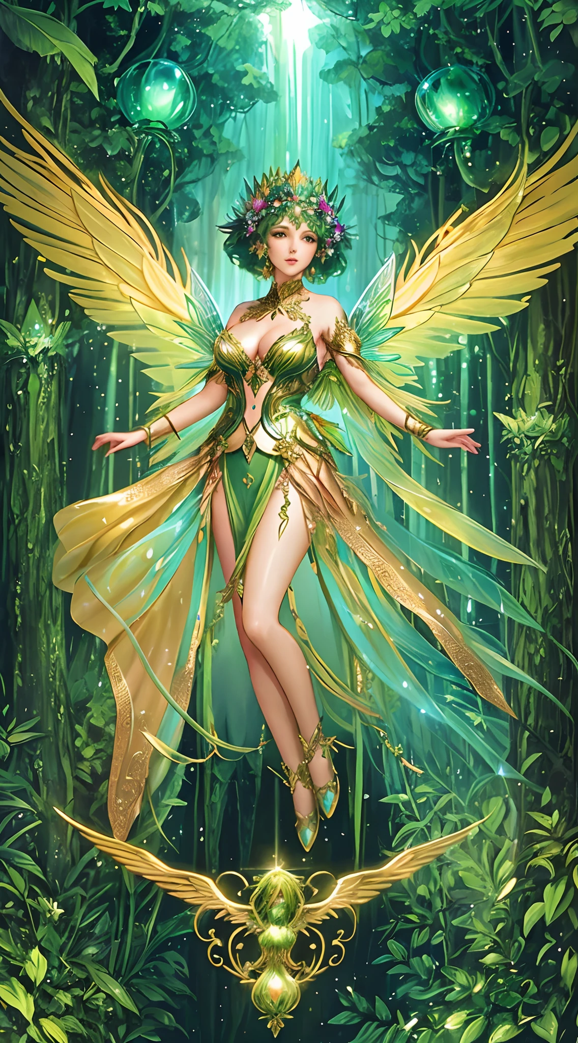 a close up of a woman in a green dress with wings, fey queen of the summer forest, a beautiful fantasy empress, ((a beautiful fantasy empress)), fae priestess, queen of the fairies, astral fairy, artgerm julie bell beeple, angelic golden armor, as a mystical valkyrie, fairy queen, goddess of nature