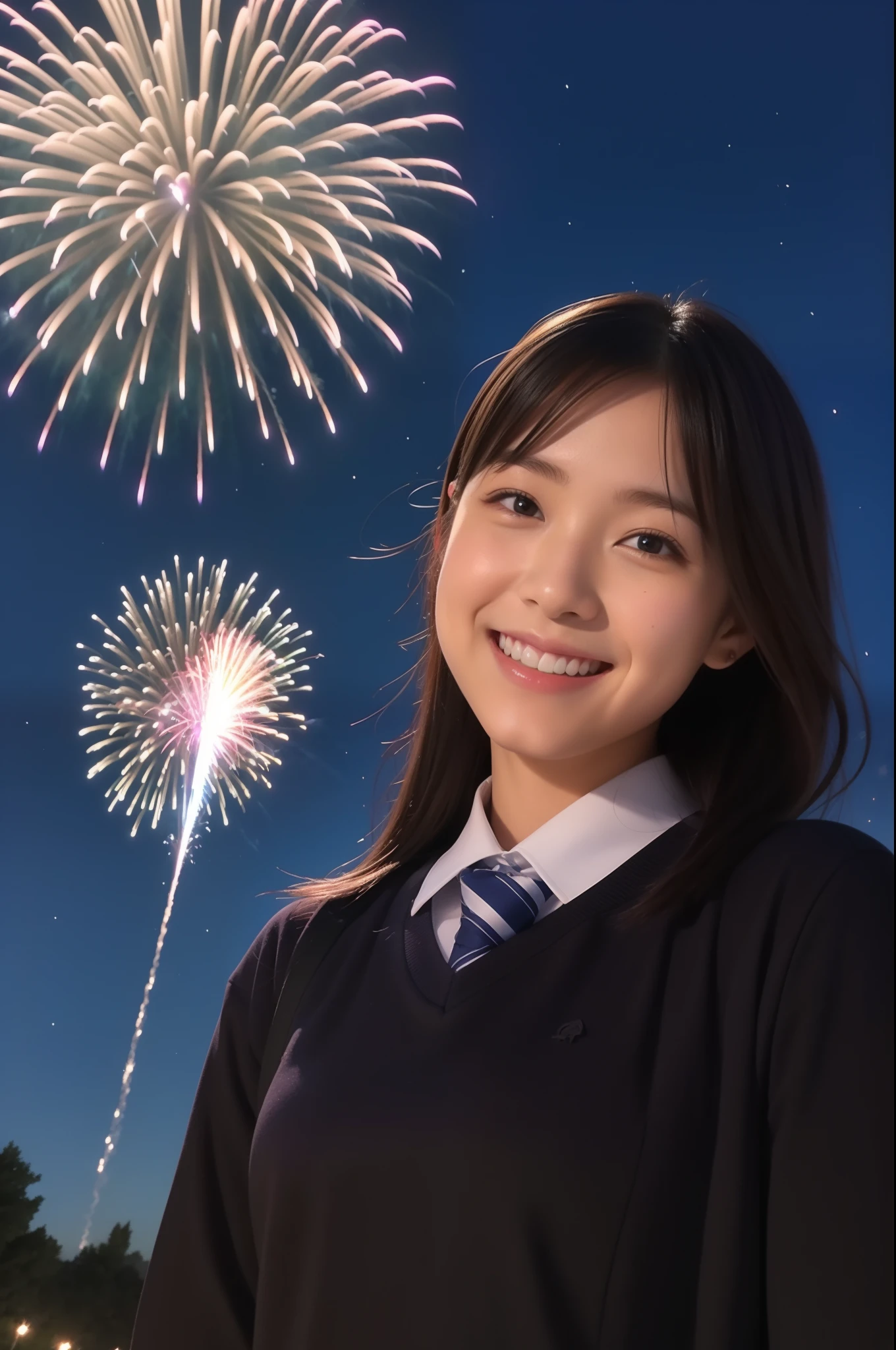 A smile、hi-school girl、校服、While doing fireworks、Aurora