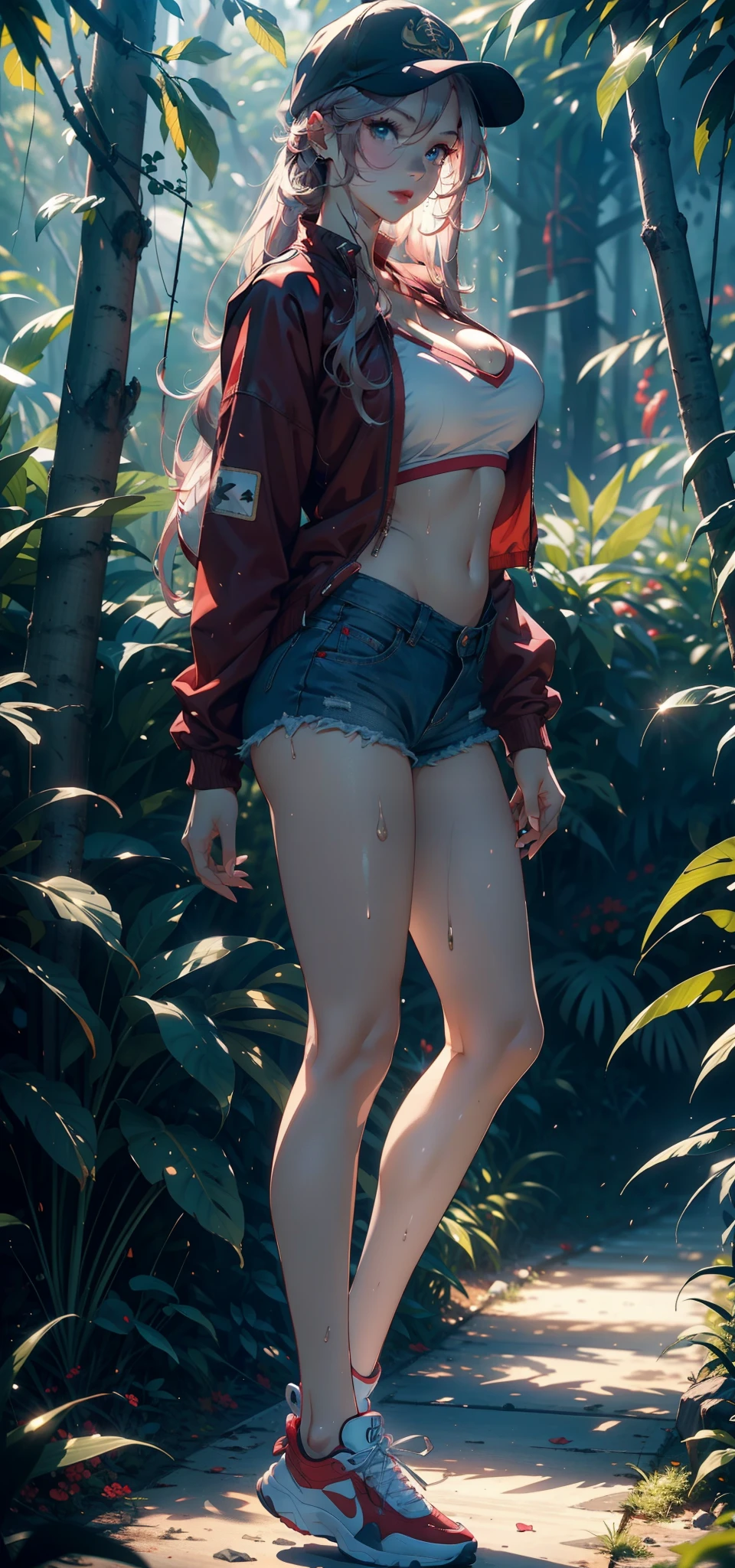 1female,35yo,熟妇,slim,Tall,gigantic cleavage breasts,Big breasts Thin waist,slenderlegs,Pornographic exposure, 独奏,(Background with:ln the forest,the rainforest,in summer) She has long pink hair,standing on your feet,Sweat profusely,drenched all over the body,seen from the front, hair straight, mostly cloudy sky,(((tmasterpiece),(Very detailed CG unity 8K wallpaper),best qualtiy,cinmatic lighting,detailed back ground,beatiful detailed eyes,Bright pupils,blue color eyes,Redlip(Very fine and beautiful),(Beautiful and detailed eye description),ultra - detailed,tmasterpiece,)),facing at camera,(Full body photo),Show shoes,A high resolution,ultra - detailed),revealing breasts,Bare genitalia, Lower body elevation,Raised sexy,Camel toes,Flushed complexion,Open-mouthed,frontage,baseball cap(Wearing:green colored bomber jacket,Sex shorts,athletic sneakers),full bodyesbian,Show shoes