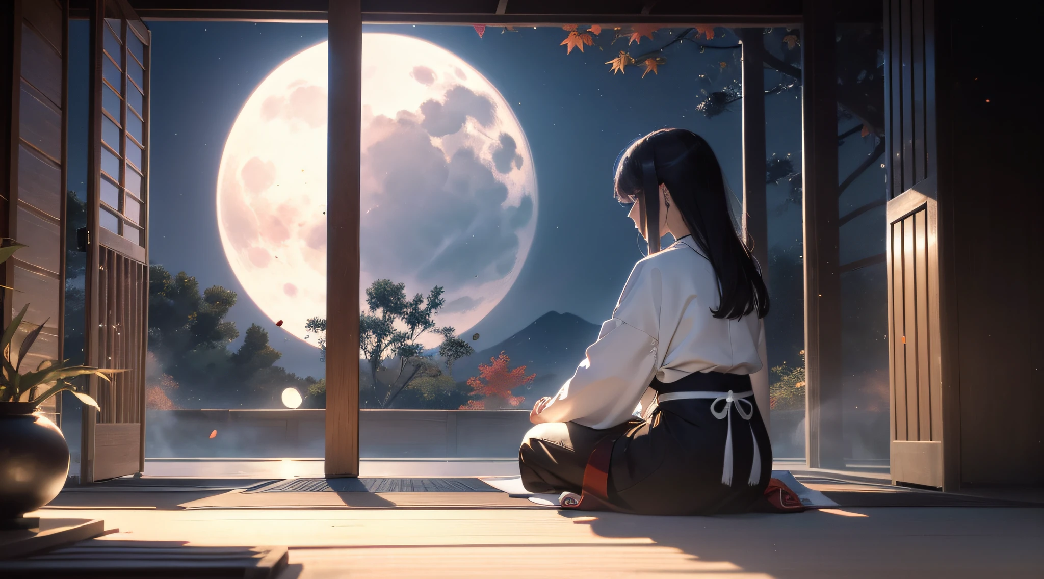 ((A beautiful woman sitting in zazen meditation in the corridor of a temple hall, looking at the black-and-white garden of karesansui (dry landscape garden) and the colors of the autumn leaves, which appear to be lit by the moon)):1.9、Highly detailed background,Realistic,ultra-detailliert,super detailed skin,light glow,Film grain,Expro II,Lens Flare,Sharpen,cinematic shadow