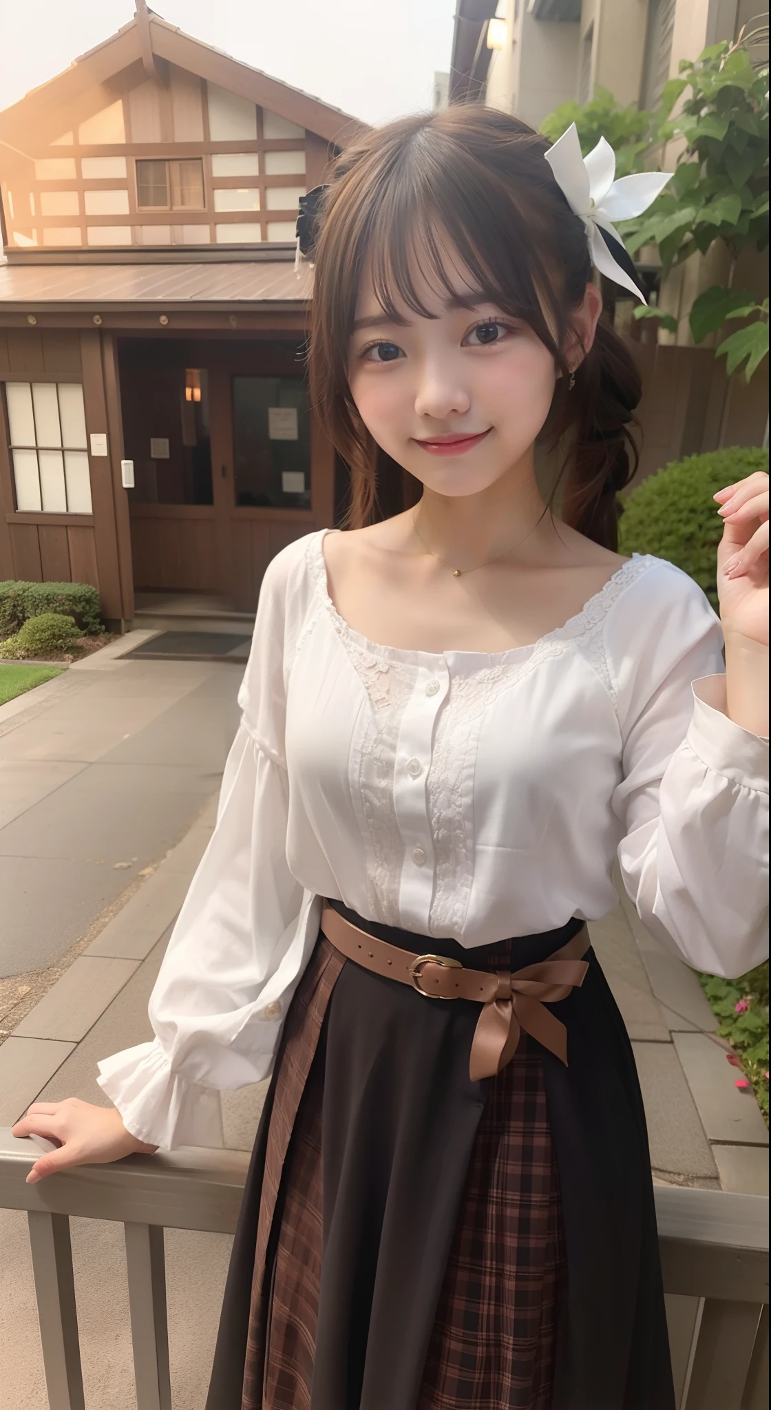 ​masterpiece, top-quality, hight resolution, TS2, Brown-eyed, PINK SHIRT, long  skirt, a belt, long-sleeve, breastsout, cowboy  shot, is standing, looking at the viewers, outside of house,A smile、The upper part of the body、a picture、japanes、High school students、cute little, student