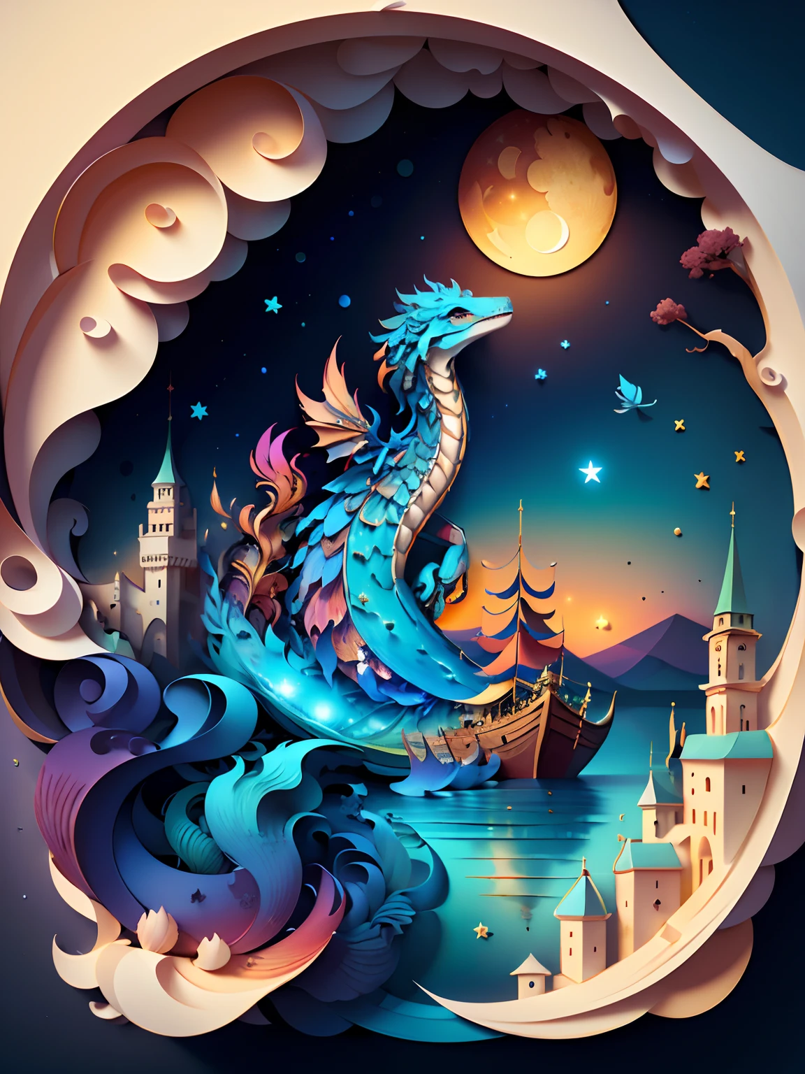 (((masterpiece))),best quality, illustration, sky, cloud, water, star \(symbol\), tree, no humans, night, dragon, moon, building, star \(sky\), night sky, scenery, starry sky, castle, waves, tower, boat. vibrant color scheme, Soft light,(warm color:1.2),Water color painting, light background, best quality exquisite details,3d rendering,Octane render, pastel, paper_cut
