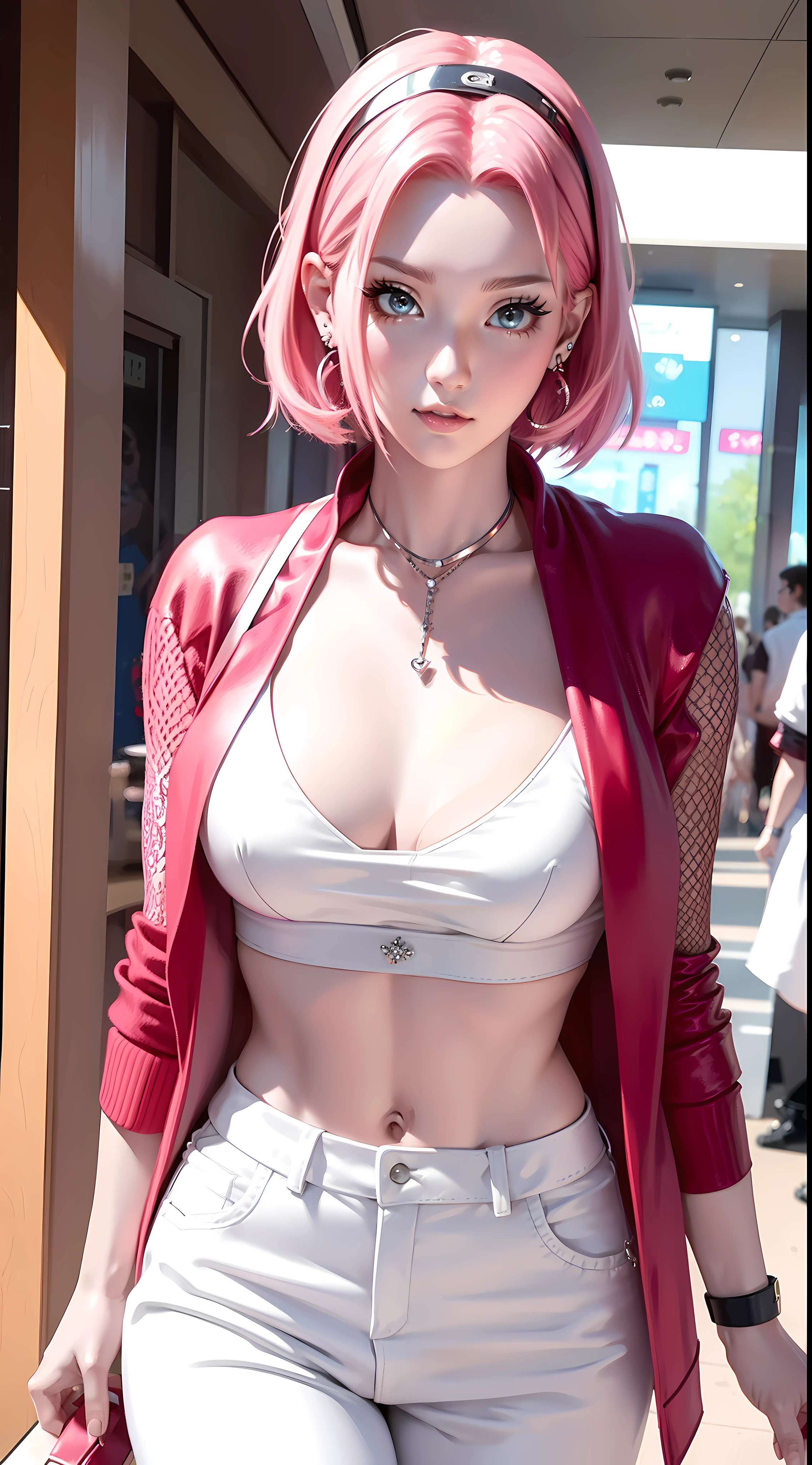 haruno sakura from anime naruto, pink hair, short hair, wears mascara, perfect body, perfect breasts, beautiful woman, very beautiful, wears a white shirt, wears a red cardigan, white pants, wears a handbag, wears a watch, wears earrings earrings, being in a mall, Realism, masterpiece, textured leather, super detailed, high detail, high quality, best quality, 1080P, HD, 16k