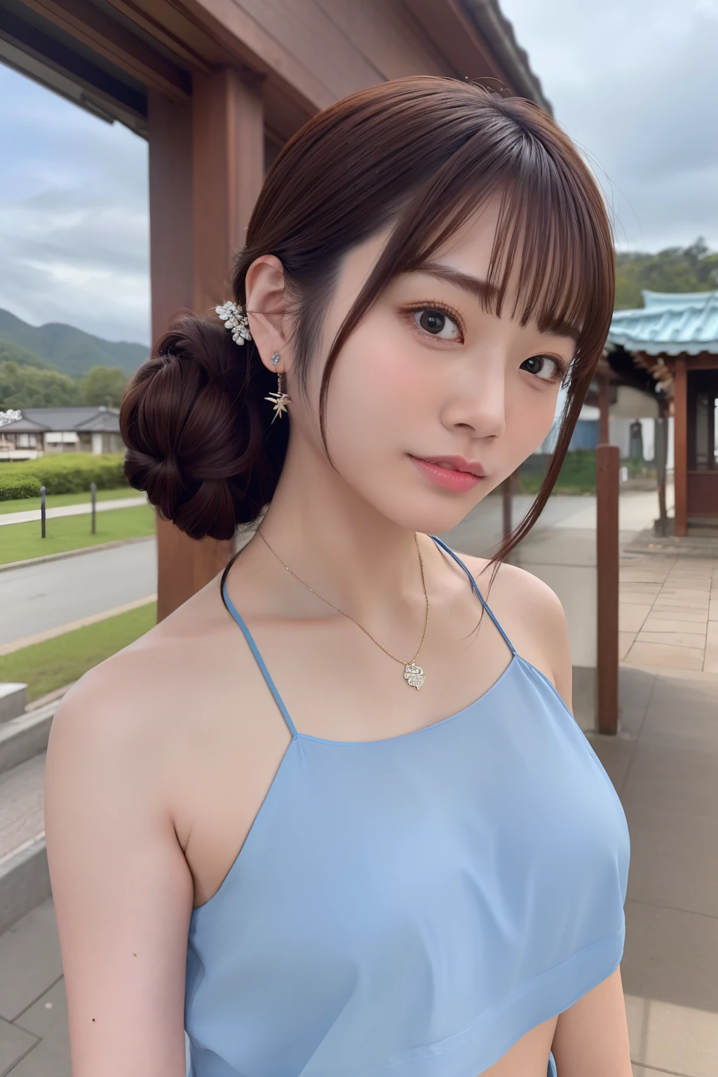 (Portrait:1.4), Masterpiece, Best quality, A high resolution, Long brown updo hair,(view the viewer:1.3), jewelry hairpin, breast enhancement, Temple with clouds, outside, (song style, song clothing,Lige blue print Song Han clothing:0.9), saika1