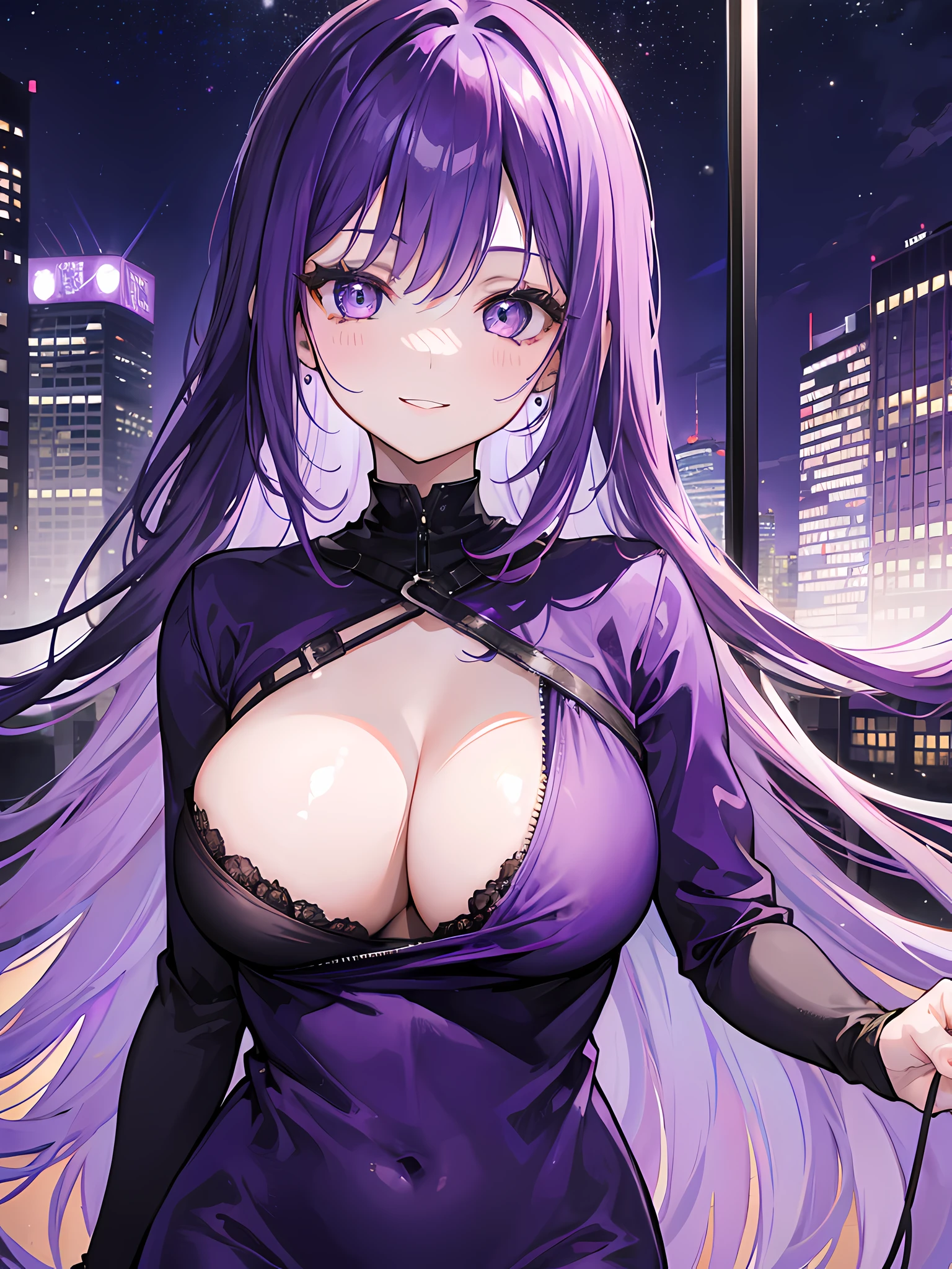 1girl, sexy, smiling, purple hair, purple eyes, wearing a purple casual outfit, city night, absurdes, high res, ultrasharp, 8K, masterpiece