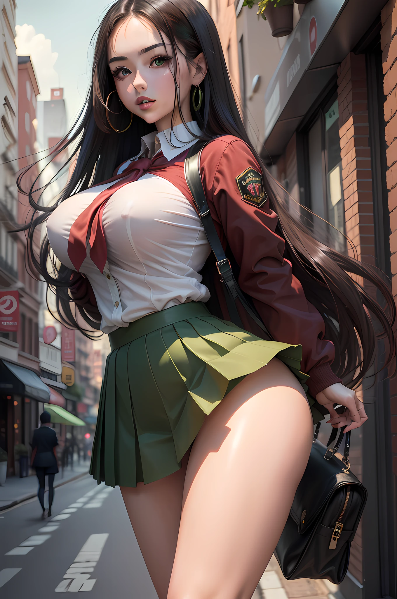 ((best quality)), ((masterpiece)), ((detailed)), anime style, ((sexy)), 1girl best quality, portrait, ultra-detailed, pretty face, perfect anatomy, soil, pale skin, perfect long black hair,((green beautiful eyes)), red bright lips, pink cheeks, perfect outfit, school uniform, sexy mini skirt, the wind lifting skirt a little up, arms, perfect hands, red nails, thick legs, big thigh, big breast, possession, city, absurdres, high res, ultrasharp, 8K, masterpiece