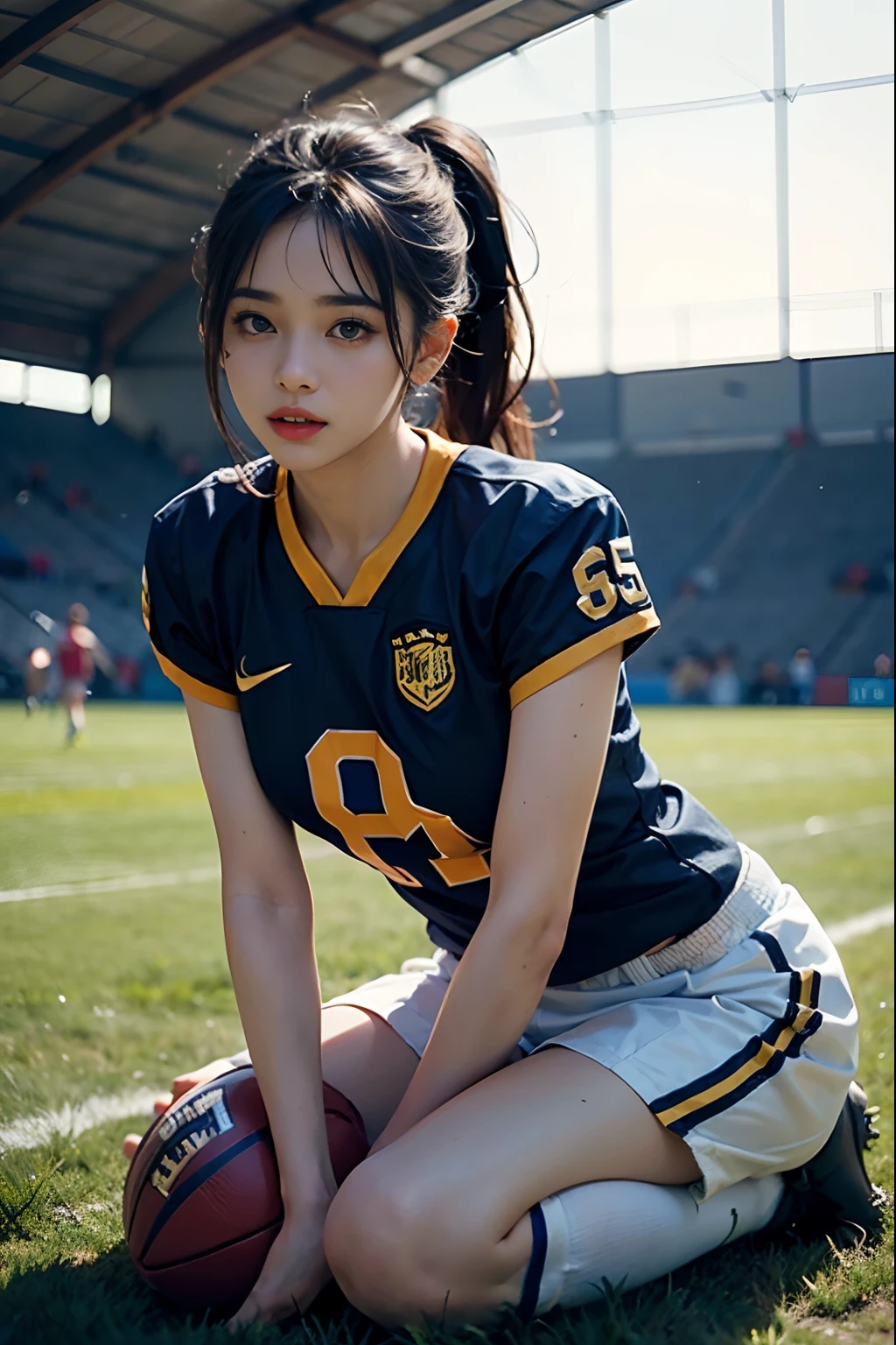 (8K、top-quality、tmasterpiece:1.2)、(hentail realism、Photorealsitic:1.37)、ultra - detailed、top-quality、超A high resolution、profetional lighting、photon maping、Radio City、physically-based renderingt、Cinematic lighting、play soccer、depth of fields,on focus,rays of sunshine,Well structured,(the background is blurred:1.2),1 rapariga,(full body Esbian),(Keep your mouth shut),Beautiful eyes,Lewd poses,zoomed out,football uniform,brunette color hair,Beautiful straight hair,poneyTail(ulzzang-6500:1.2) mix4, hiqcgbody、Sweaty beauty、large full breasts、Beautiful woman in football uniform、Dramatic Sexy、Realistic Photos、Soccer court、Face with exquisite details、Beautiful and perfect、Muscular beauty