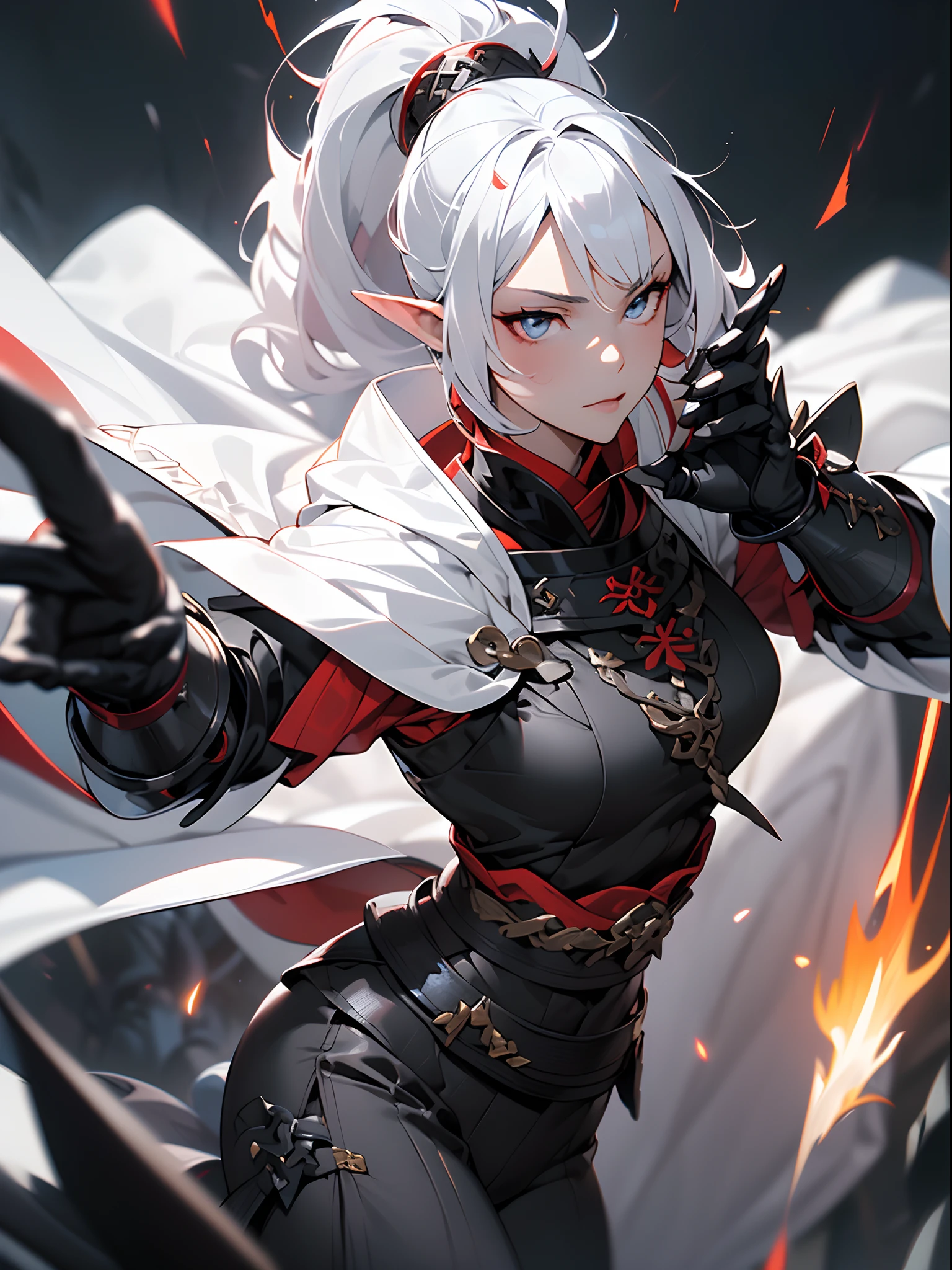 (jpn)),((Best Quality)),((Beautifully painted)),((hight resolution)),1girl in,Beautiful Elven Daughter,((onmyouji)),((suikan)),((White cloak with red decoration)),Luminescent bushy silver-haired ponytail,Shining eyes,(((black gauntlet and glove))),nice hand, Perfect hands,((Quick movement)),(((Fight a black and giant dragon in the streets of a blazing night metropolis))),((Flying flames)),armor,(face forcus),(((motion blur))),(((dynamic angle))),((cinematic lighting))