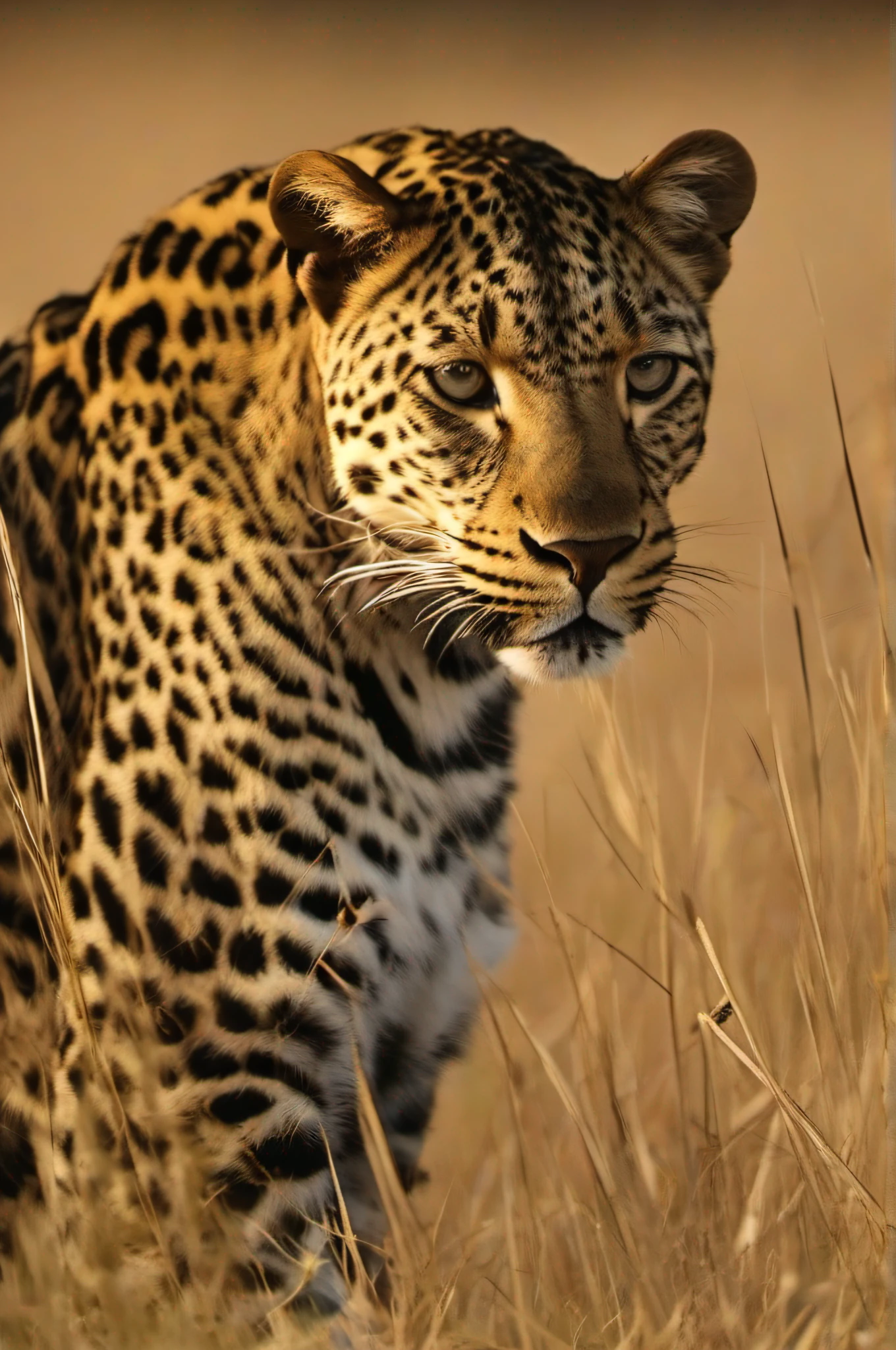 a leopard stalks prey in the tall grass
