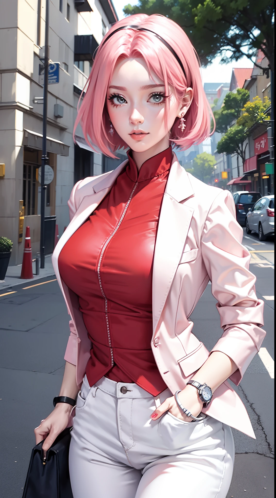 haruno sakura from anime naruto, pink hair, short hair, wearing mascara, perfect body, perfect , beautiful woman, very beautiful, wearing red formal shirt, dapper dress, formal attire, wearing white blazer, white pants, wearing handbag, wears watches, wearing earrings, being in town, roadside, public space, Realism, masterpiece, textured leather, super detailed, high detailed, high quality, best quality, 1080p, HD, 16k