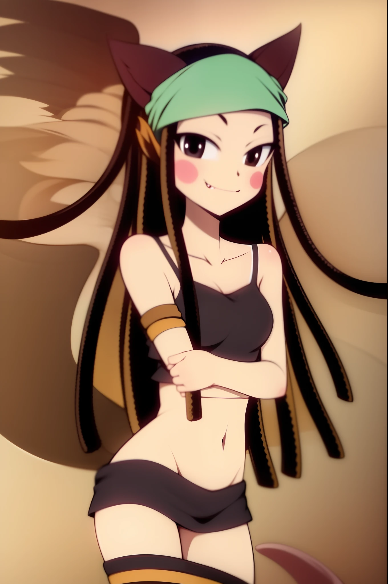 eril mermaid melody, catgirl dreadlock, fang, black wings, micro skirt, flipflops, smile, bandana