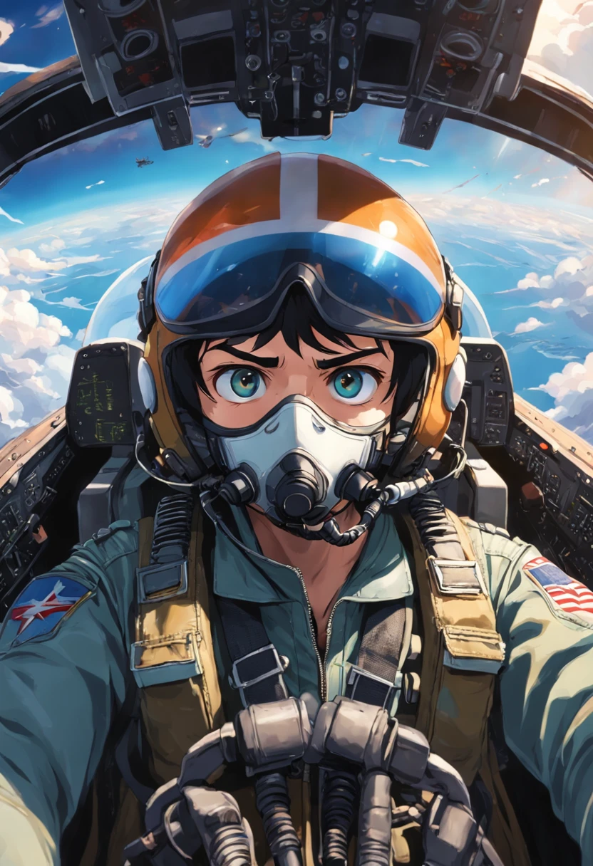 Alafed pilot in the cockpit of an airplane wearing a helmet and goggles, Fighter pilot in the cockpit, In the cockpit of a fighter, Helmet View, Visor wearer's Perspective, Nose under visor, Jet fighter pilots of the 70s, in cockpit, Military Pilot Uniform, Advanced Technology Flight Suit、Angel approaching from behind right、Angel outside the window