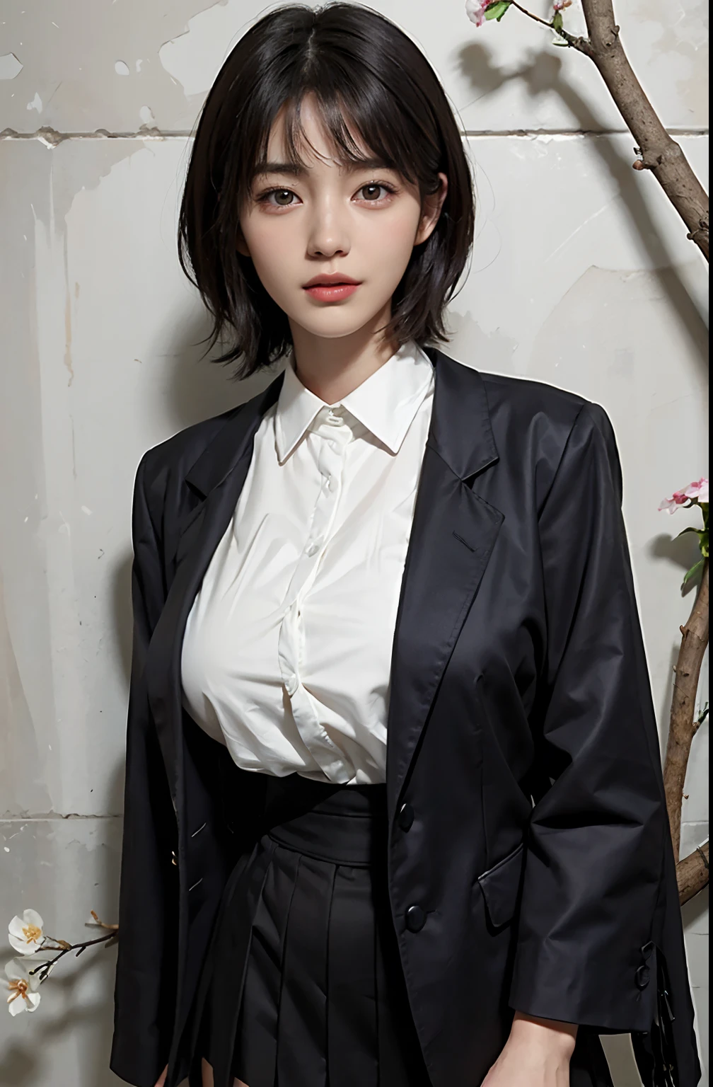 (A hyper-realistic), (illustratio), (hight resolution), (8K), (ighly detailed), (The best illustrations), (beatiful detailed eyes), (top-quality), (ultra-detailliert), (​masterpiece), (wall-paper), (detailed face), droopy eyes,full of sweat, full body, long legs,Armpit,short-hair,inner colored,solo, big breast, japanes, Colossal tits、A smile, wearing black blazer,  short skirt, office