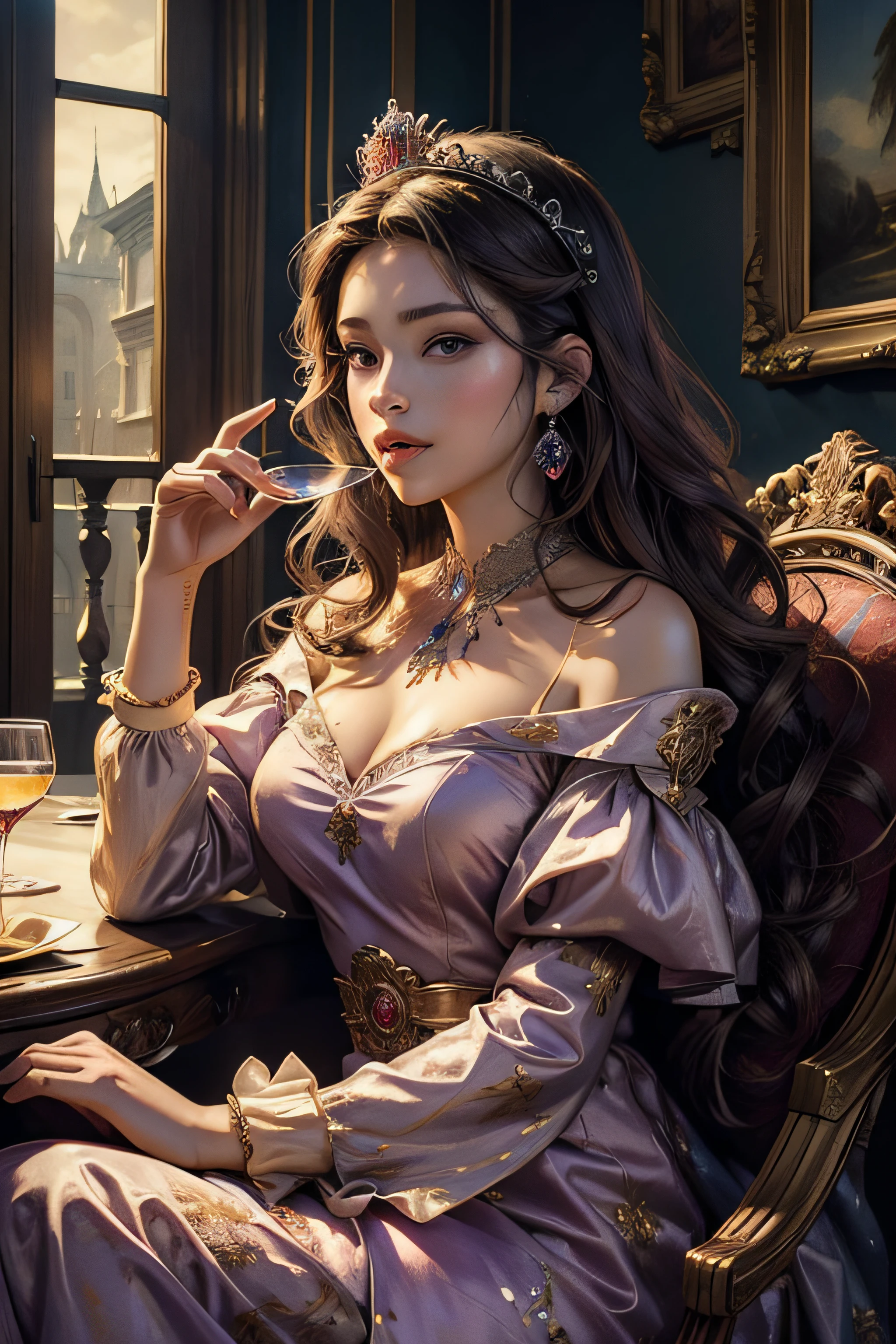 (masterpiece, top quality, best quality, official art, beautiful and aesthetic:1.2), (1girl), extreme detailed, colorful, highest detailed, crown, princess, wine, light purple dress