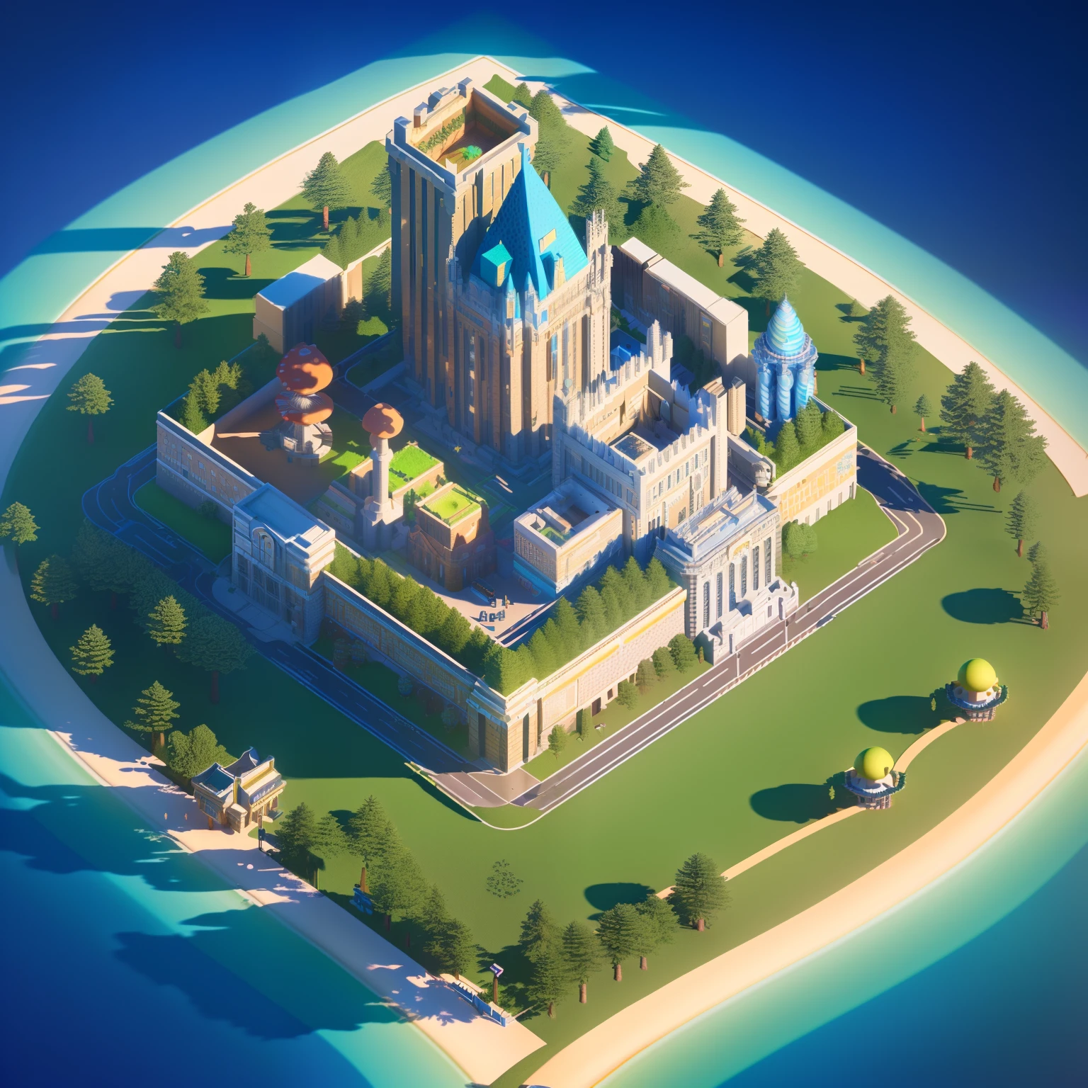 (Cartoon 3D:1.4),Isometric architecture,Masterpiece, Best quality, (Extremely detailed Cg Unity 8K wallpaper), (Best quality), (Best Illustration), (Best shadow), Mushroom Town, Isometric 3D, rendering by octane,Ray tracing,Ultra detailed