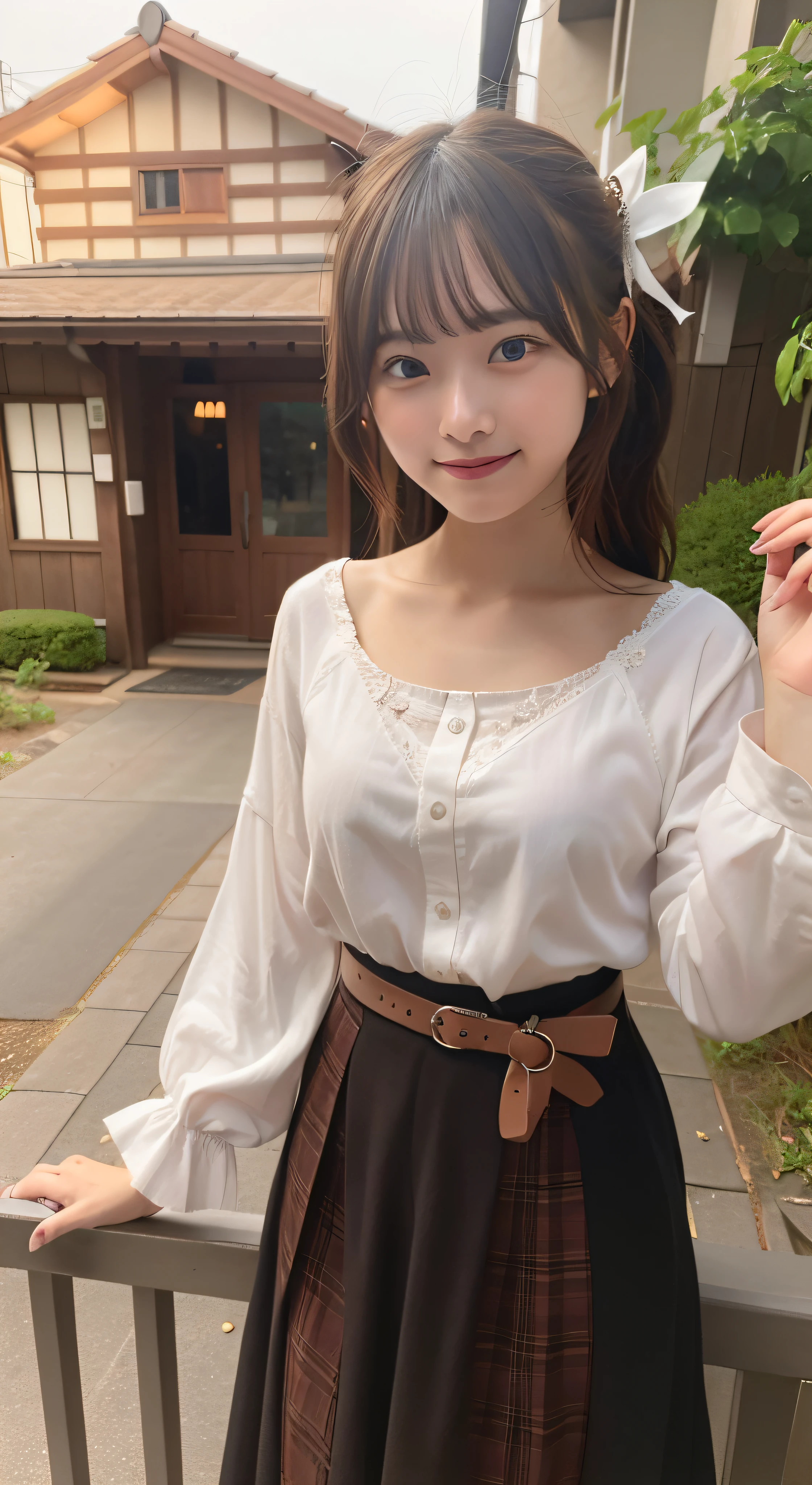 ​masterpiece, top-quality, hight resolution, TS2, Brown-eyed, PINK SHIRT, long  skirt, a belt, long-sleeve, breastsout, cowboy  shot, is standing, looking at the viewers, outside of house,A smile、The upper part of the body、a picture、japanes、High school students、cute little,**** student