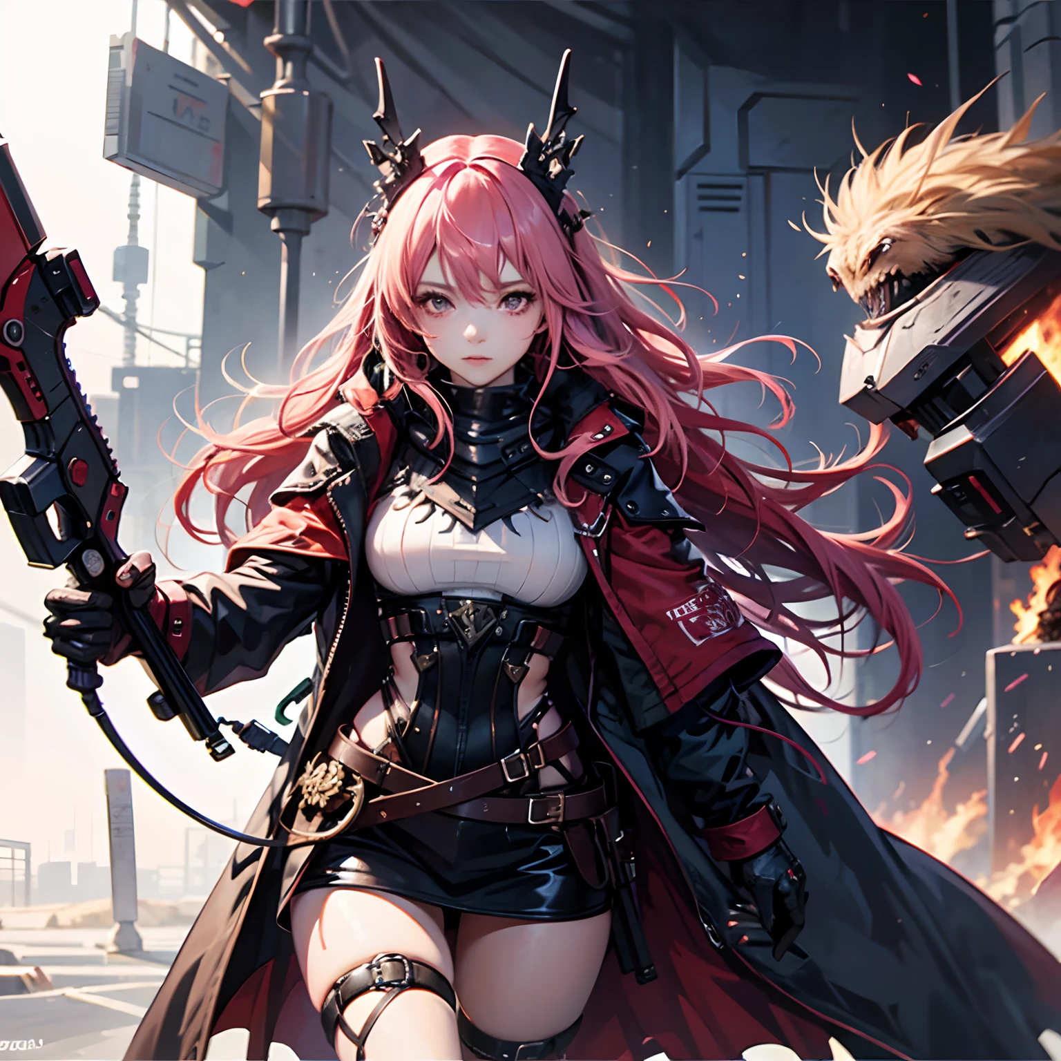 girl, pink hair, red eyes, lady