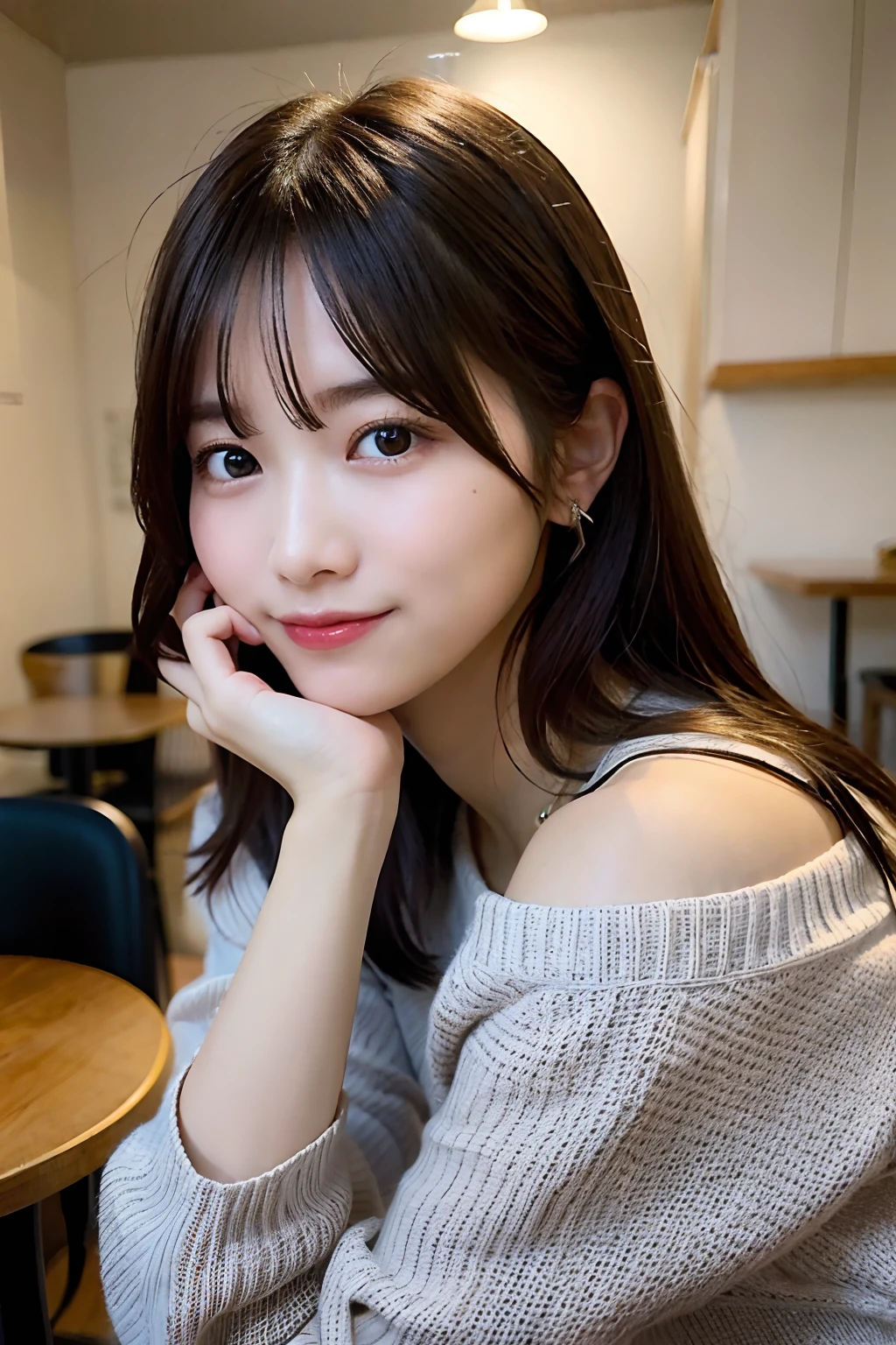 top-quality、Photorealsitic、8K、hight resolution、Perfect litthing、a gorgeous、​masterpiece、realisitic、closeup portrait、
1girl in、piercingeyes、off-the-shoulder sweater、middlebreasts、shorth hair、Look at viewers、kindly smile、in a cafe、in the room、a miniskirt、sun shine