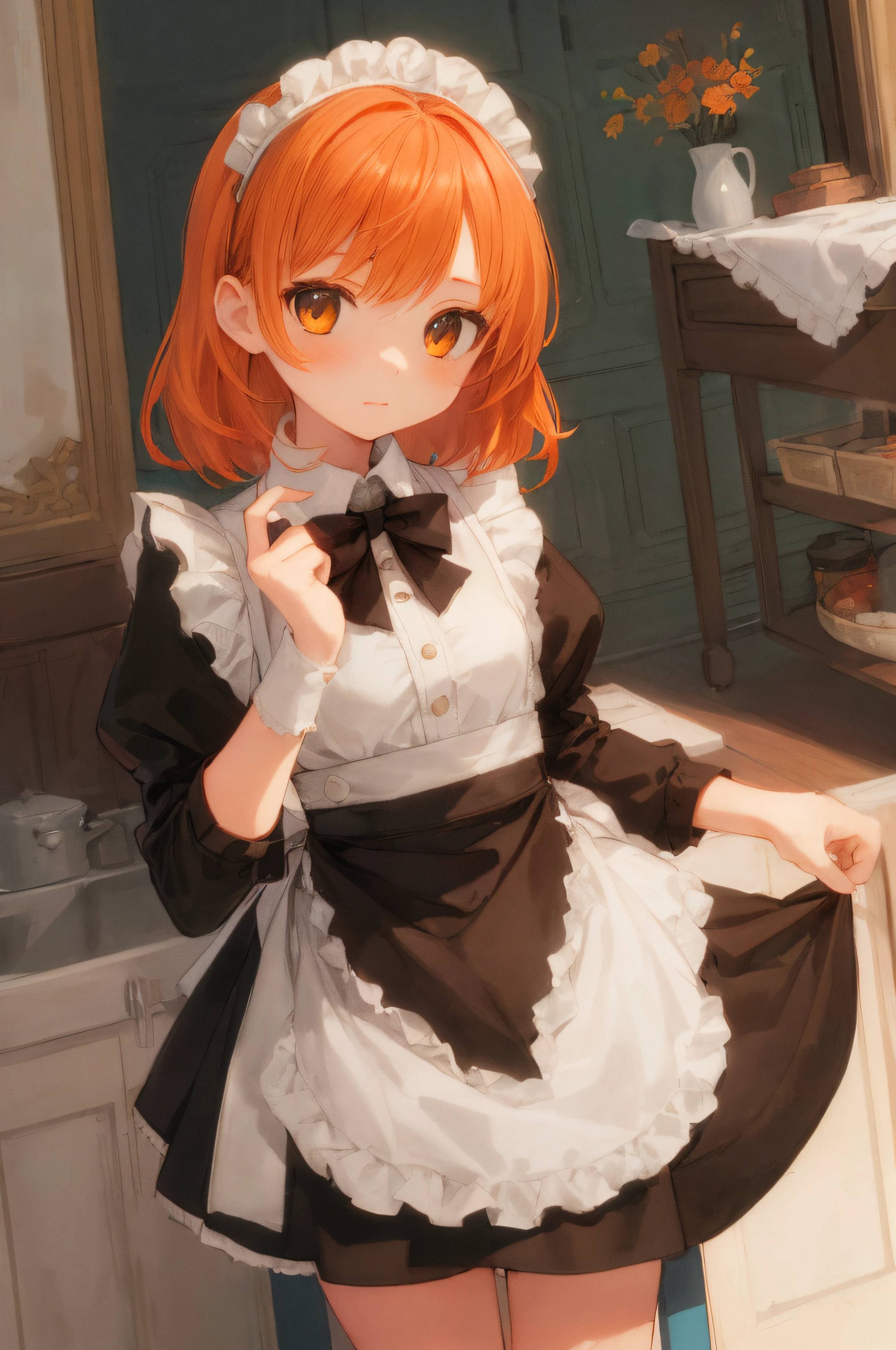 (masterpiece, best quality), full body, 1girl, solo, maid dress, skirt lift, at kitchen, short orange hair, 15-years-old, fantasy setting, hide hands