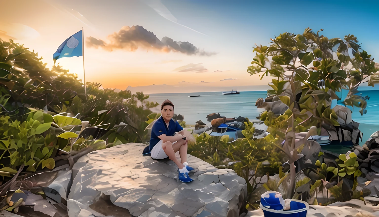 Anime style, chibi style, A man sitting on a rock with a blue flag in the background, at sunrise, vacation photo, photography shot at blue hour, profile pic, photoshot, at sunset, with sunset