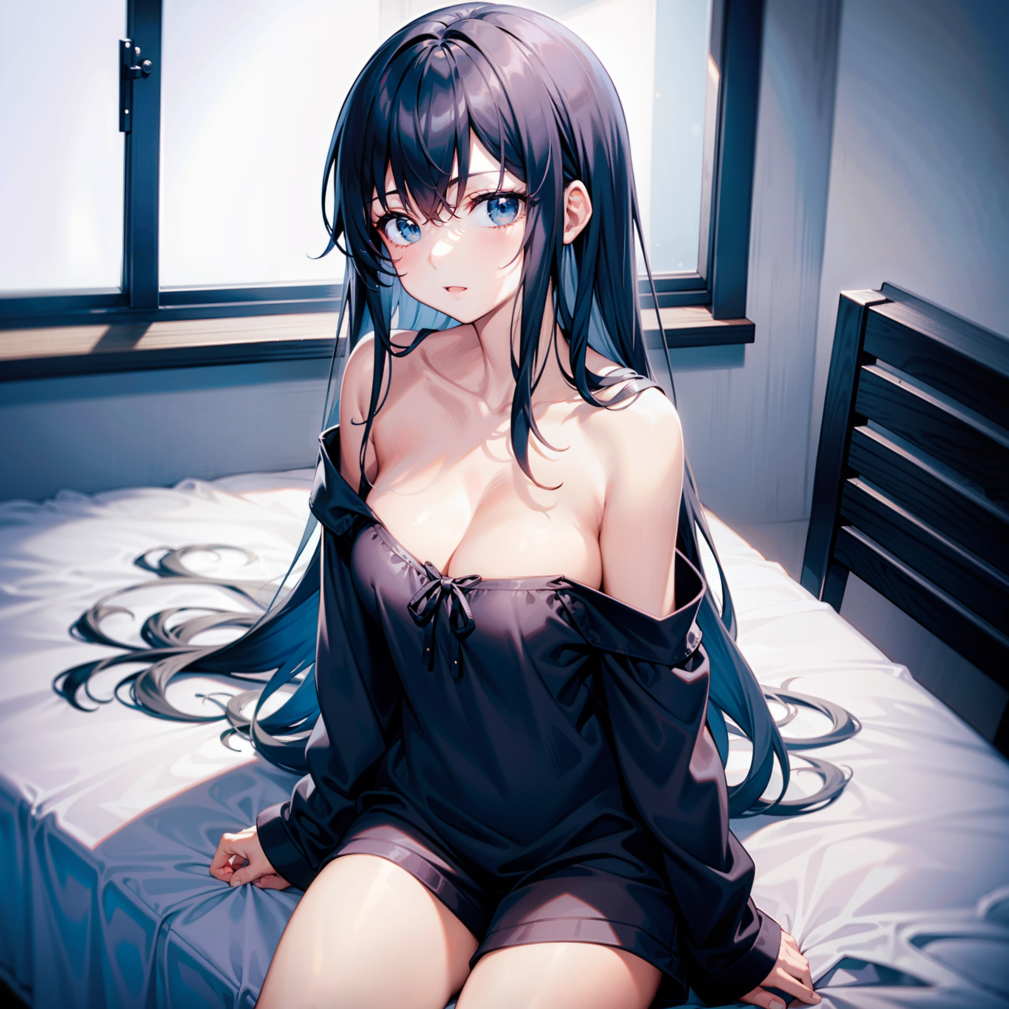 1girll,Black off-the-shoulder pajamas,inside bedroom,sit on chair,