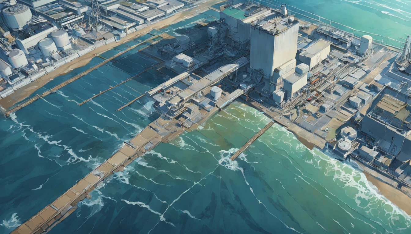 Depicting the appearance of the Fukushima nuclear power plant, Show the drain,Dumping contaminated water into the ocean. Emphasize the contrast between the color of the sewage from the nuclear power plant and the vast sea