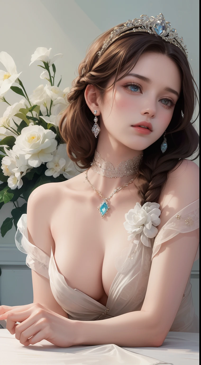 (Ultra-high quality masterpiece,Beautiful bust of an 18-year-old noble girl,Delicate classical coiled hair,Braided hair,,The eyes are shiny and clear,Floral craftsmanship,crystal、Diamond jewelry,Ultra-fine details,Soft lighting)