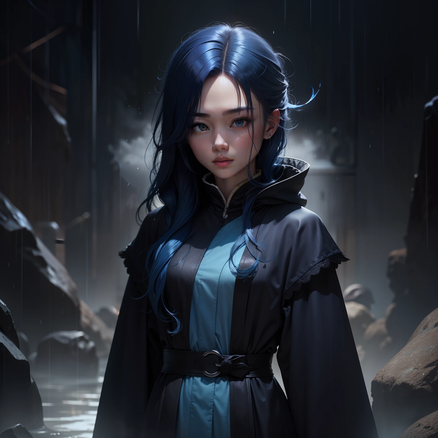 ember,dark-blue hair,rained,Hair is medium length,Black robe