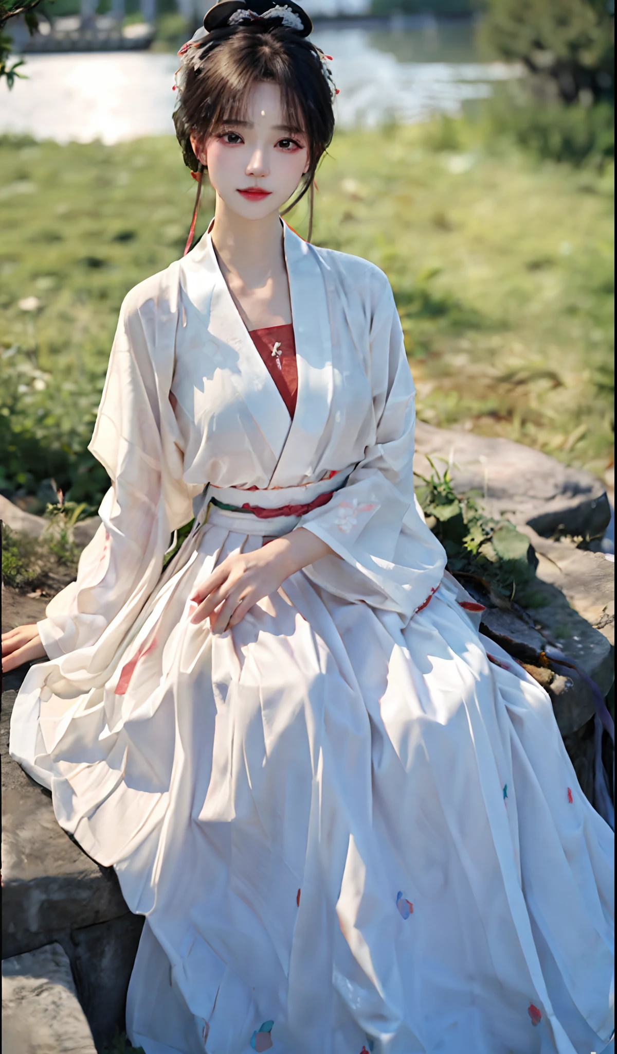 (8k, best quality, masterpiece:1.2), (realistic, photo-realistic:1.2),(sky of background: 1.2),looking at viewer, 1girl,perfect face, perfect eyes,large breasts,perfect skin,make happy expressions,gorgeous,pure,light make up,jade jewelry,hair ornament,hair band,looking at viewer,colorful,(hanfu, song style outfits, 1girl, white short shan, white pleated skirt, red songmo),
