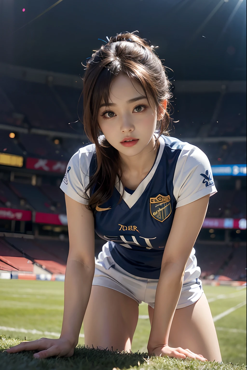 (8K、top-quality、tmasterpiece:1.2)、(hentail realism、Photorealsitic:1.37)、ultra - detailed、top-quality、超A high resolution、profetional lighting、photon maping、Radio City、physically-based renderingt、Cinematic lighting、play soccer、depth of fields,on focus,rays of sunshine,Well structured,(the background is blurred:1.2),1 rapariga,(full body Esbian),(Keep your mouth shut),Beautiful eyes,Lewd poses,zoomed out,football uniform,brunette color hair,Beautiful straight hair,poneyTail(ulzzang-6500:1.2) mix4, hiqcgbody、Sweaty beauty、large full breasts、Beautiful woman in football uniform、Dramatic Sexy、Realistic Photos、Soccer court、Face with exquisite details、Beautiful and perfect、Muscular beauty
