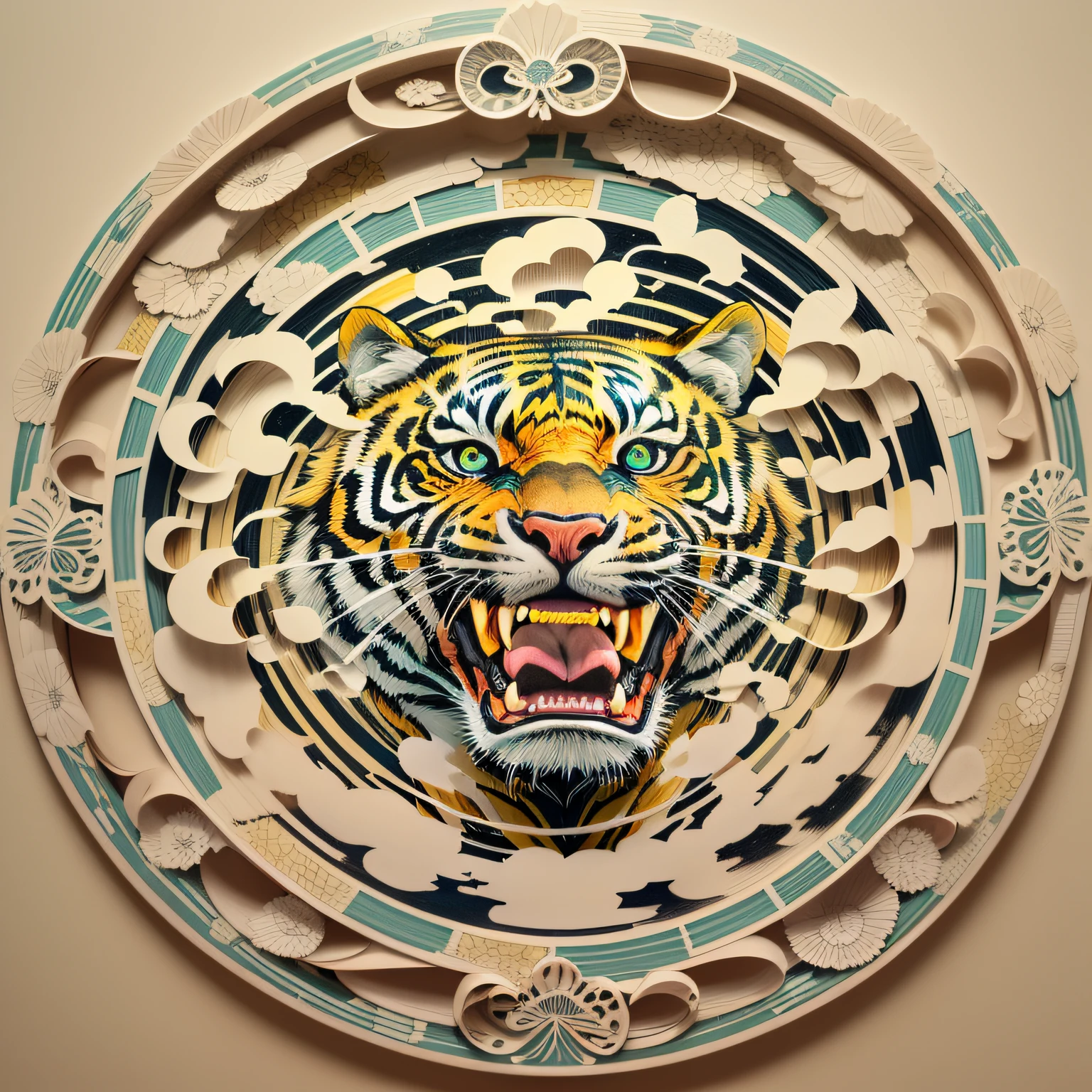 tigre, ohaxicxn icon, round outer ring, paper-cut, auspicious clouds