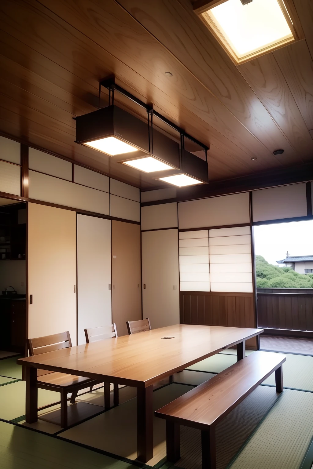 Japanese Modern、The ceiling remains as it is、Lighting wiring duct+spot light、The walls are covered with wooden boards.、4 counter seats、4 table seats、The floor is mortar-like、