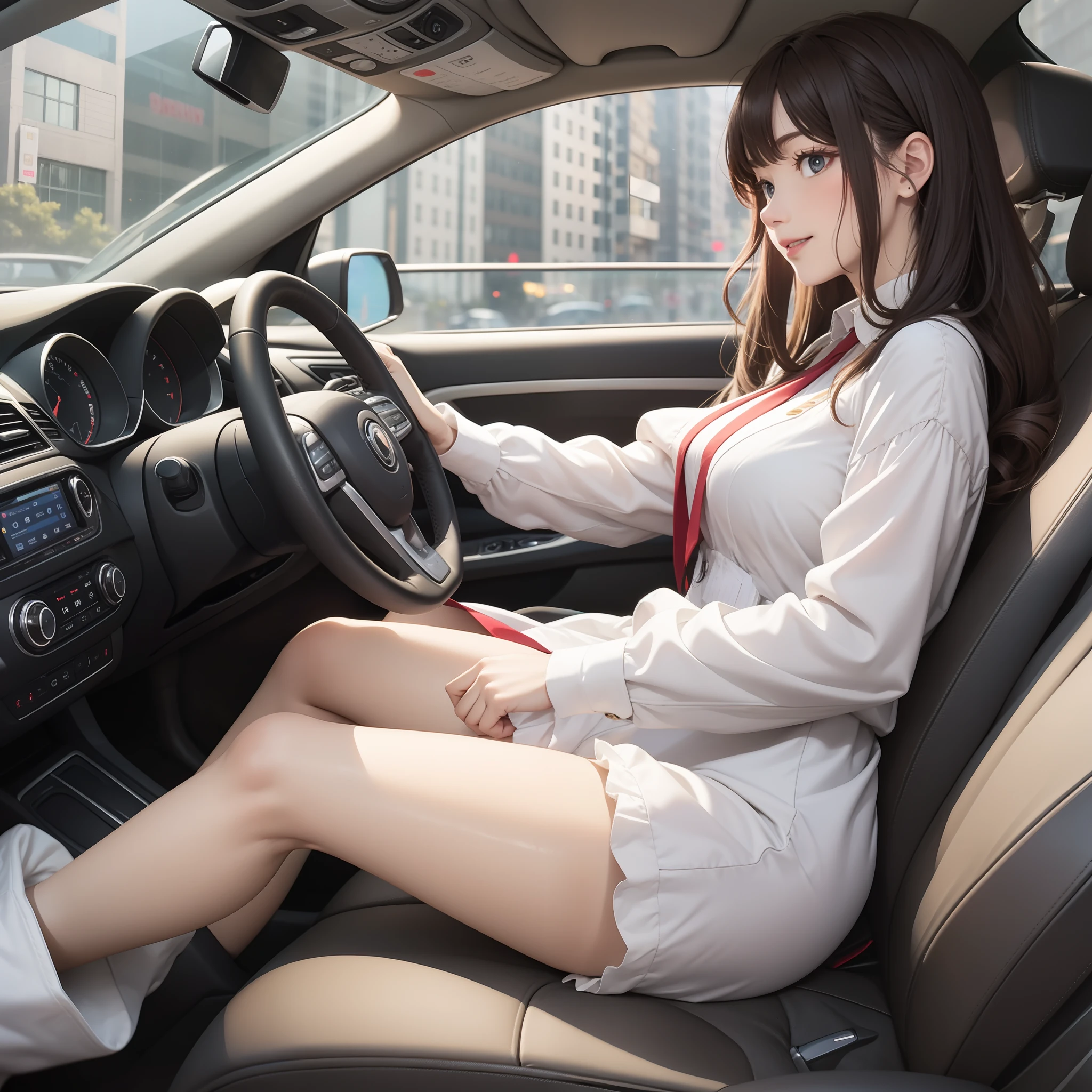 1 beautiful woman, full body view , (sleep in the car), ribbon, shiny skin, , blush, beautiful face, seductive, a lot of makeup, nurse hat, (short wavy red hair, bob cut)
