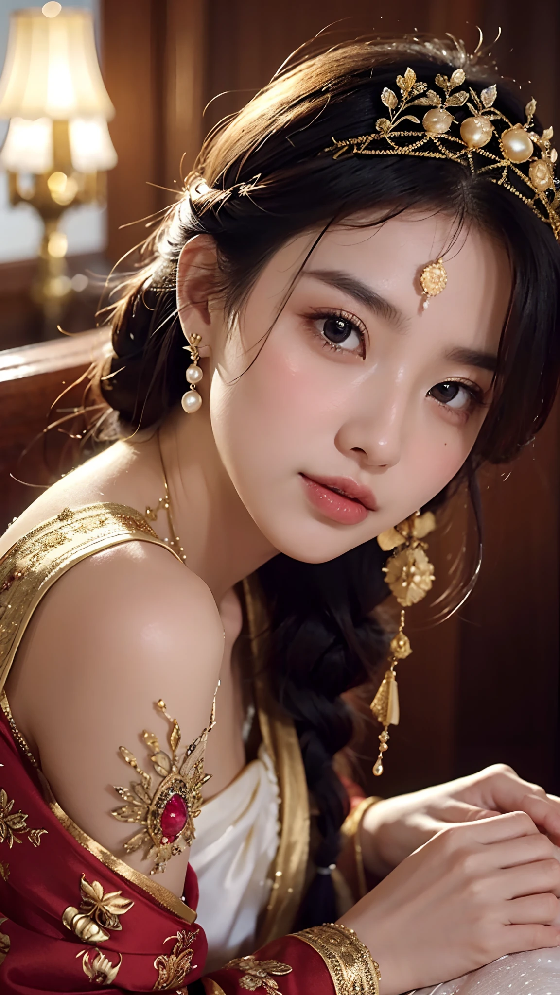 in ancient，Two beauties entangled，Dressed in gorgeous and intricate costumes，Dazzling。They wore elaborate satin robes，Embroidered with delicate patterns with gold thread，Burst into bright colors。One of the beauties wore a red robe，It's like a burning flame，It shows her delicacy and touching。Another beauty in a lake blue robe，Like clear water waves in the sky，Show her freshness and softness。They wear ornate gold-encrusted gemstone necklaces around their slender necks，Gemstones shine with colorful sparkles，It reflects their noble temperament。Hair draped over the shoulders，Delicate hair is as soft as silk，Shining with a faint light。They braided their hair into a delicate bun，It is embellished with jade-clustered hairpins、Golden comb and flowers，It adds a little charm to them。The face of the beauty is fair and delicate，Just like white jade。Their foreheads are dotted with a pair of eyebrows that sparkle like night stars，Gently provoke，Like the eyes of a peach blossom，Fascinating。Their eyes are bright and deep，It's like a clear spring，At a glance。Their lips are rosy and full，Slightly upturned，Like a blooming cherry，Inspiring imagination。Two beauties with heavy makeup，The lips are red and the teeth are white。Their cheeks are coated with pear pollen，A slight smil，Bloom into a charming smile。The eye sockets are embellished with colorful jewelry，Make their eyes more confused and fascinating。They paired pearls with openwork gold earrings，It adds a little tenderness to itself。