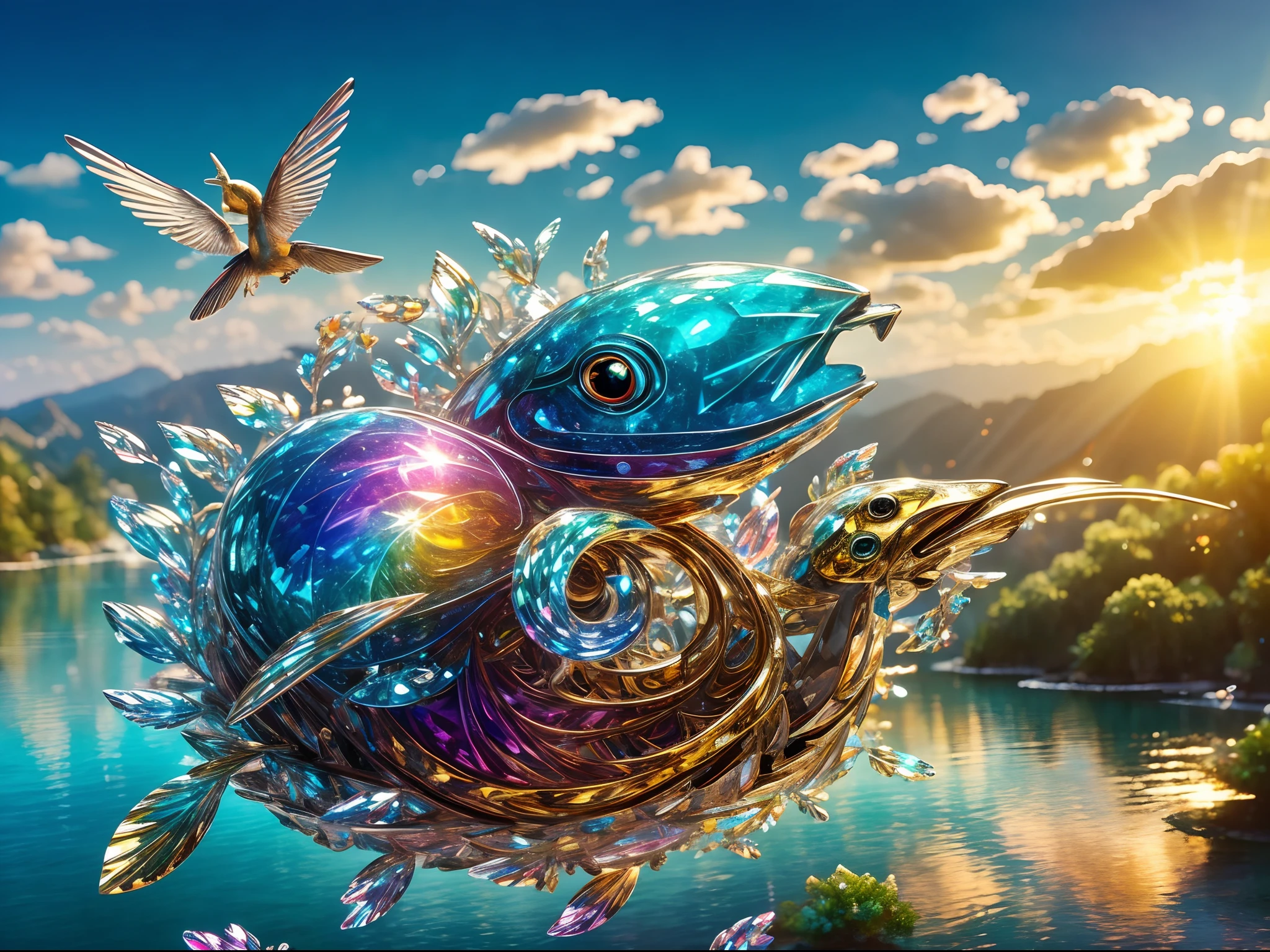 (Masterpiece, Top Quality, Best Quality, Ultimate Detail, Highest Detail, Official Art, Beauty & Aesthetics: 1.2), Golden Ratio, Full Composition, official art, Unity 8k wallpaper, super detailed, beautiful, (fractal art: 1.4), the school girl is riding on the blue turtle, flying over the town, full body, crystallineAI, from below, splash,crystal,rainbow