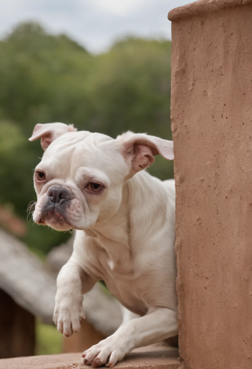 low quality, ((one bulldog)), upper body, center, front, arms crossed, jumping out of the wall, background white, monotone,