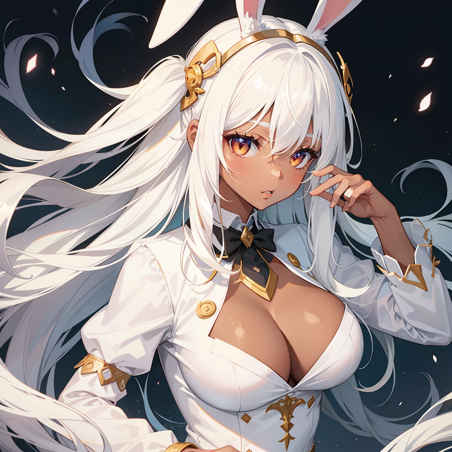 1girl,white hair,bunny ears,dark skin,golden eyes,white shirt,clothes open,big breasts,