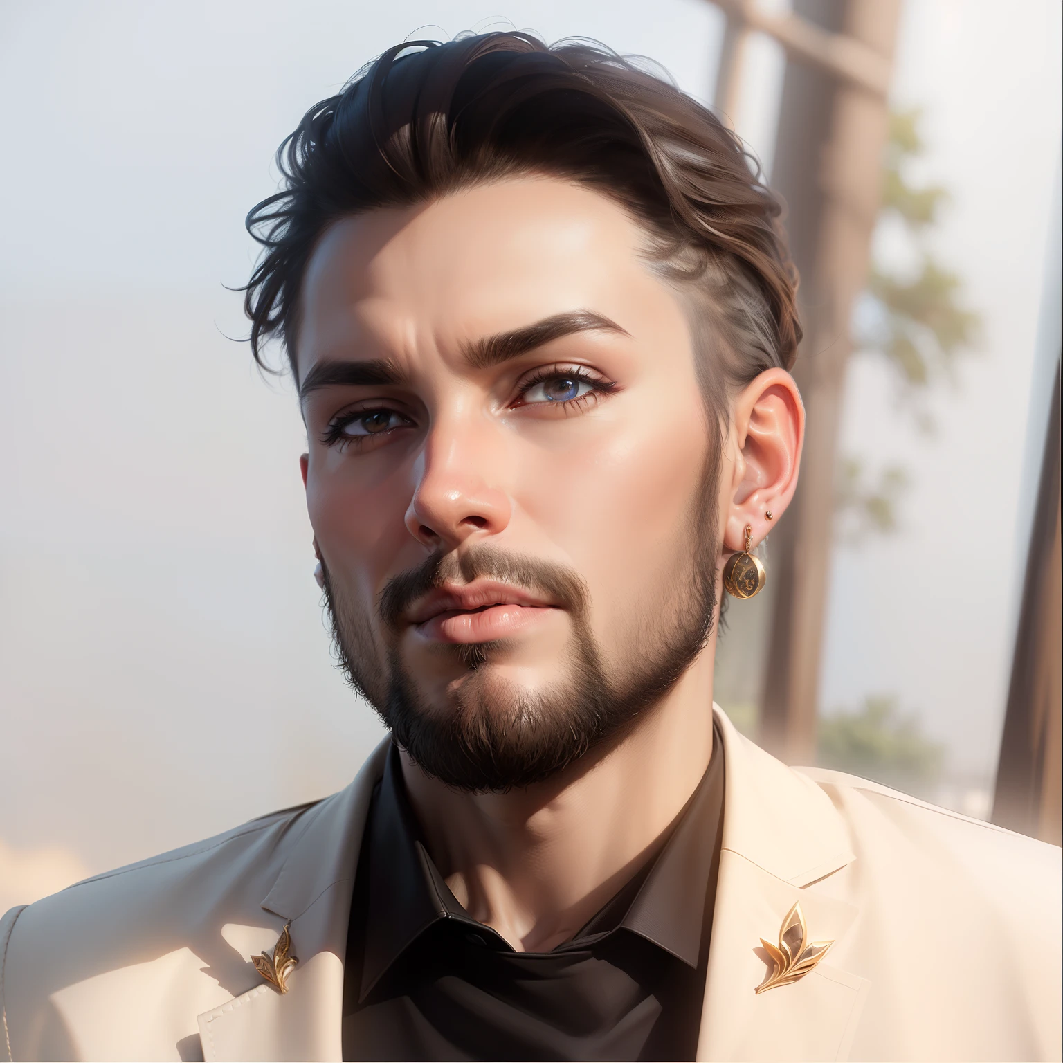 "Realistic face, dramatic shading, original concept showcasing a distinctive and groundbreaking visual, AI-generated masterpiece, stunning digital artwork, captivating earings on the ear."