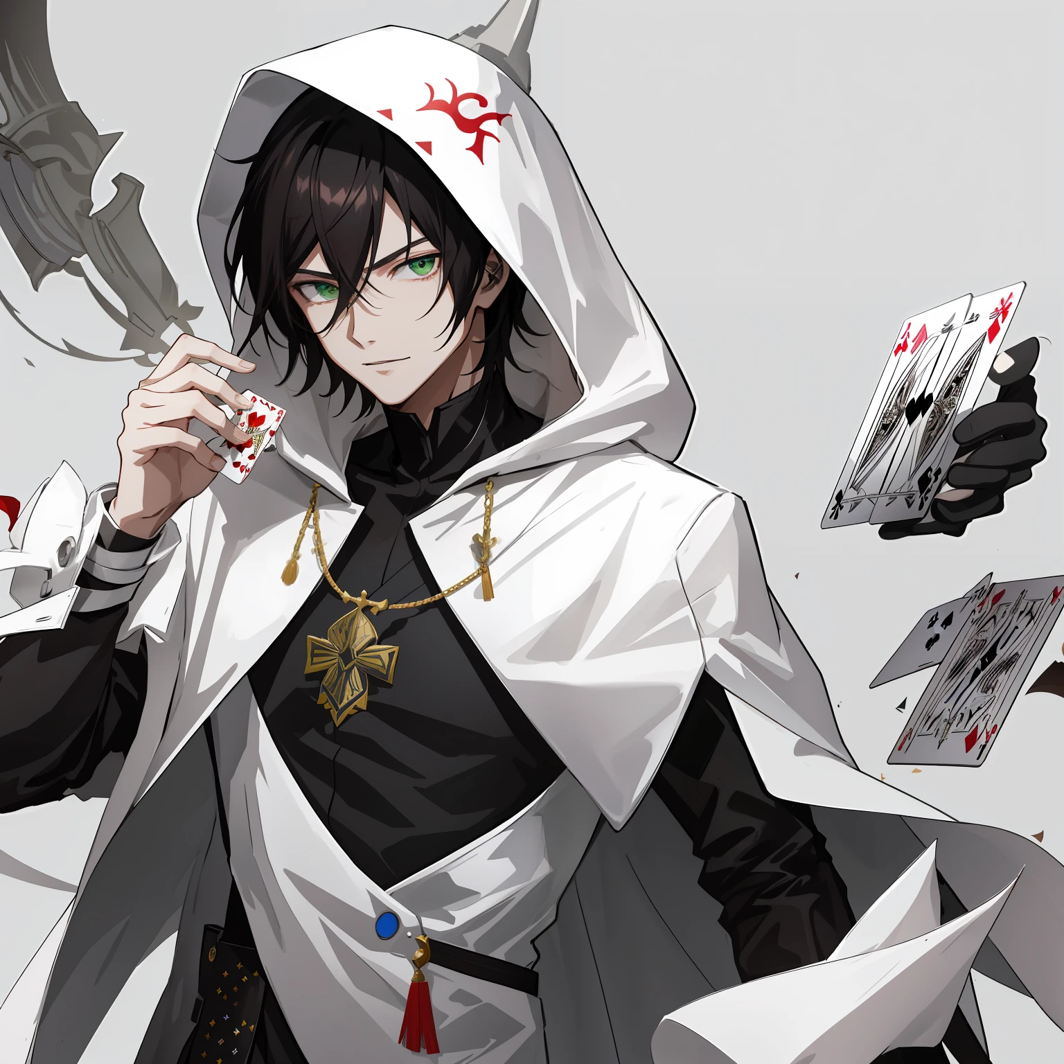 A fair-skinned young man，brunette color hair，Holding playing cards, inspired by Un'ichi Hiratsuka,  tsukasa dokite, 2 d anime style, [[[[grinning evily]]]], trigger anime artstyle, He wears a white hood on his head，graffitti background，wearing a black bodysuit， Hair between the eyes，Green eyes