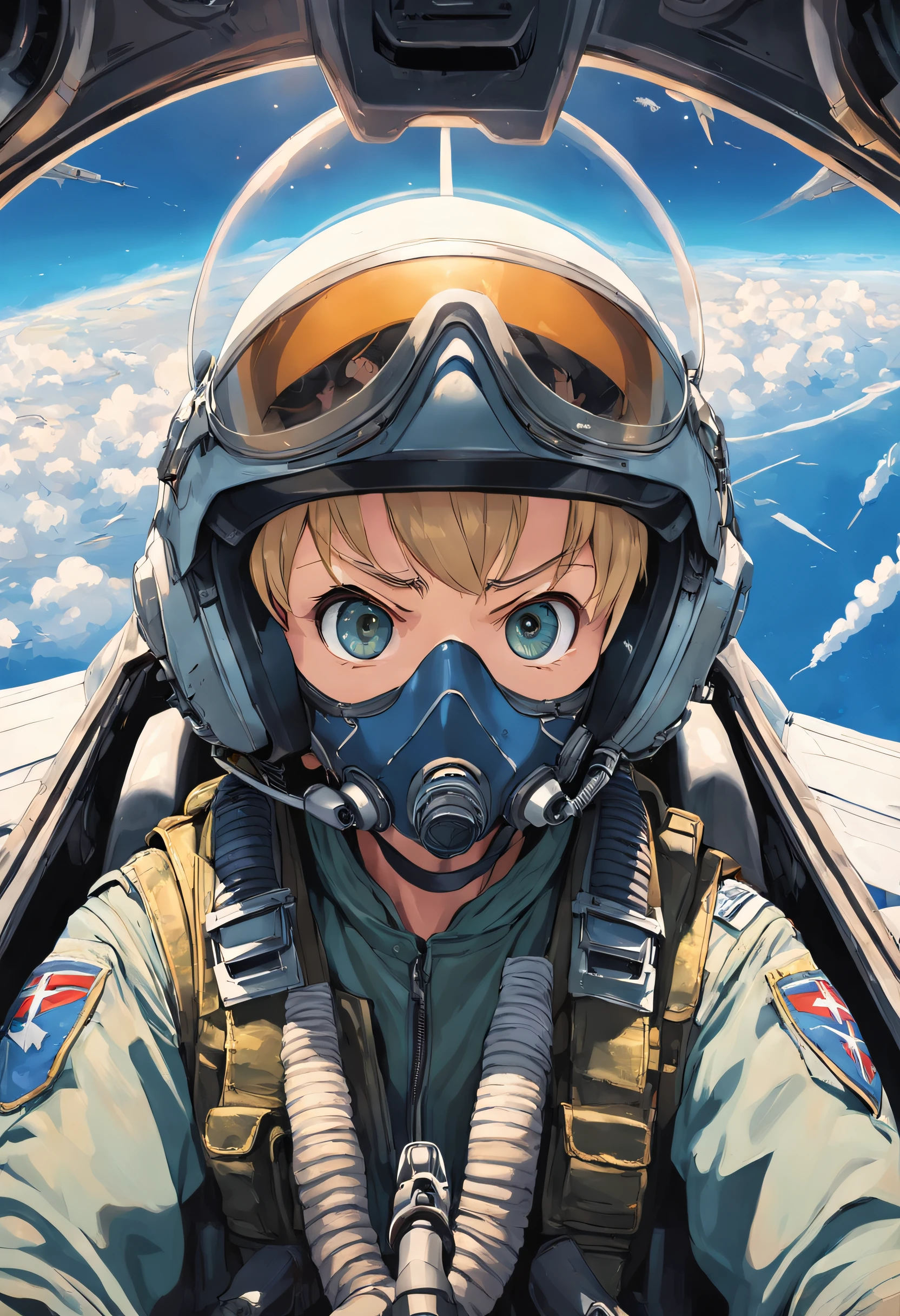 Alafed pilot in the cockpit of an airplane wearing a helmet and goggles, Fighter pilot in the cockpit, In the cockpit of a fighter, Helmet View, Visor wearer's Perspective, Nose under visor, Jet fighter pilots of the 70s, in cockpit, Military Pilot Uniform, Advanced Technology Flight Suit、Angel approaching from behind right、Angel outside the window