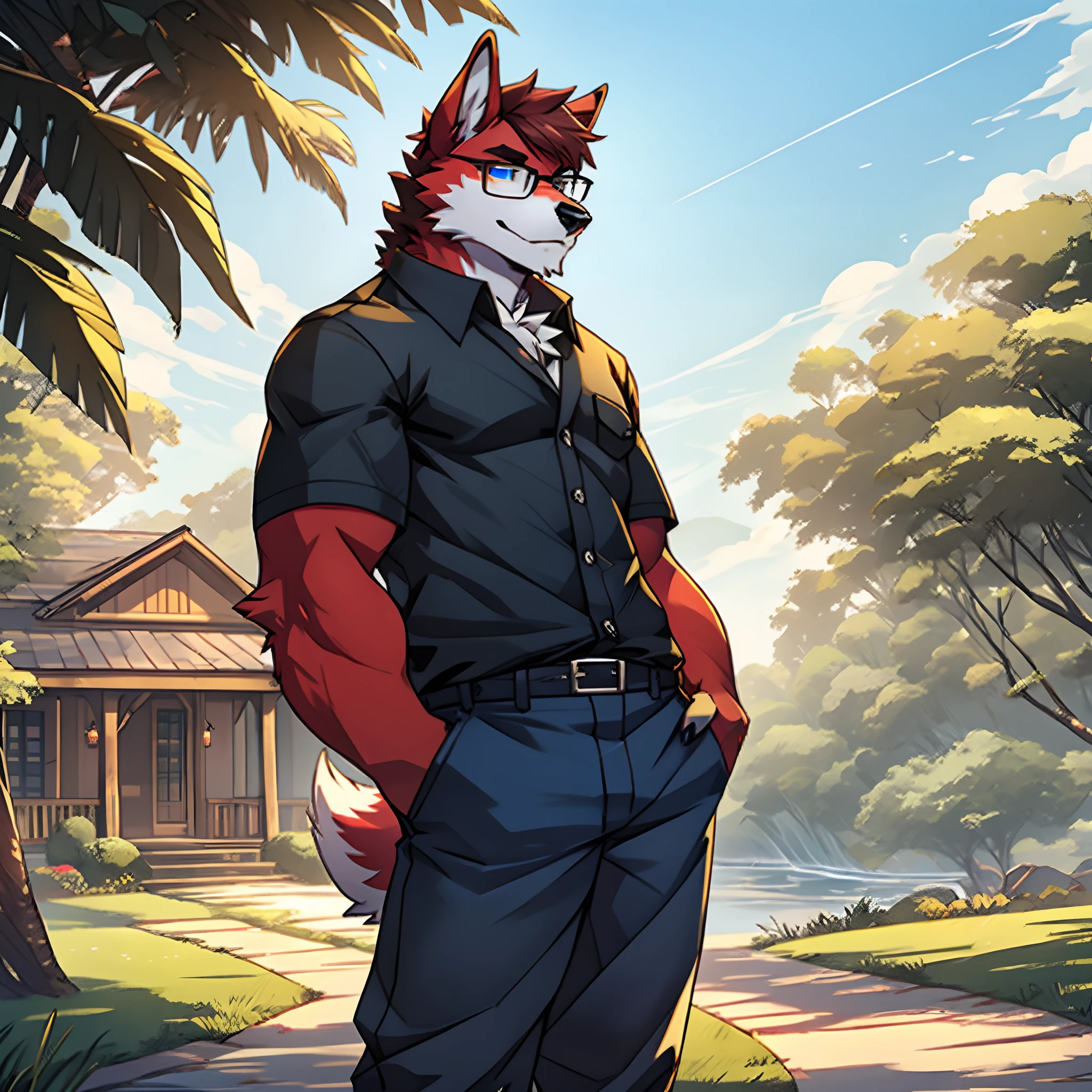 solo person，shaggy male，furry，werecreature，canid，full bodyesbian，Red fur，Red fur，pale blue color eyes，Wearing glasses，short- sleeved，long trousers，short detailed hair，