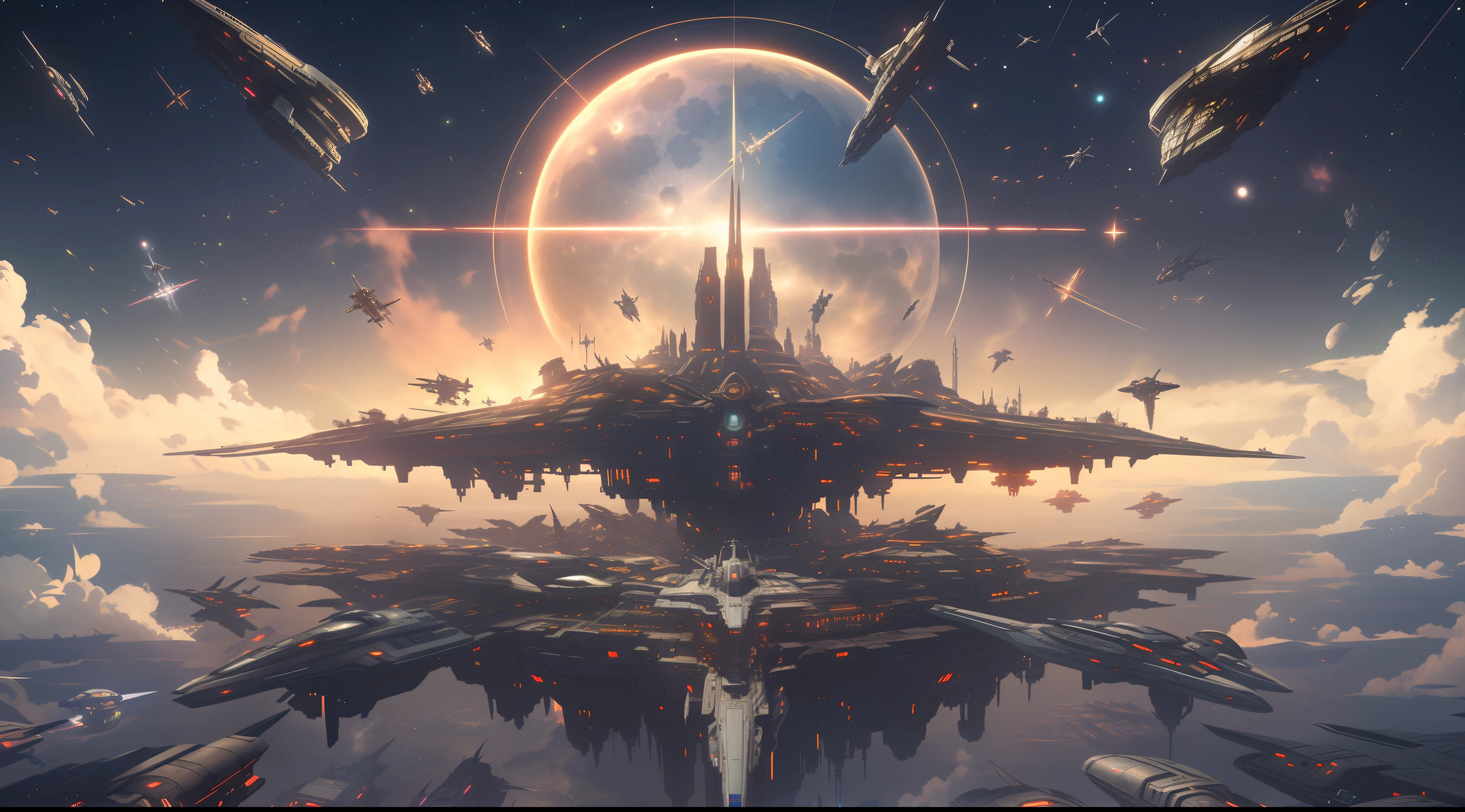 A spaceship flies over a futuristic city with a full moon in the sky, epic beautiful space scifi, Sci-fi fantasy wallpaper, huge futuristic temple city, epic scifi fantasy art, epic fantasy sci fi illustration, sci fi epic digital art, futuristic space port, Sci-fi fantasy desktop wallpaper, arstation and beeple highly, sci-fi artwork