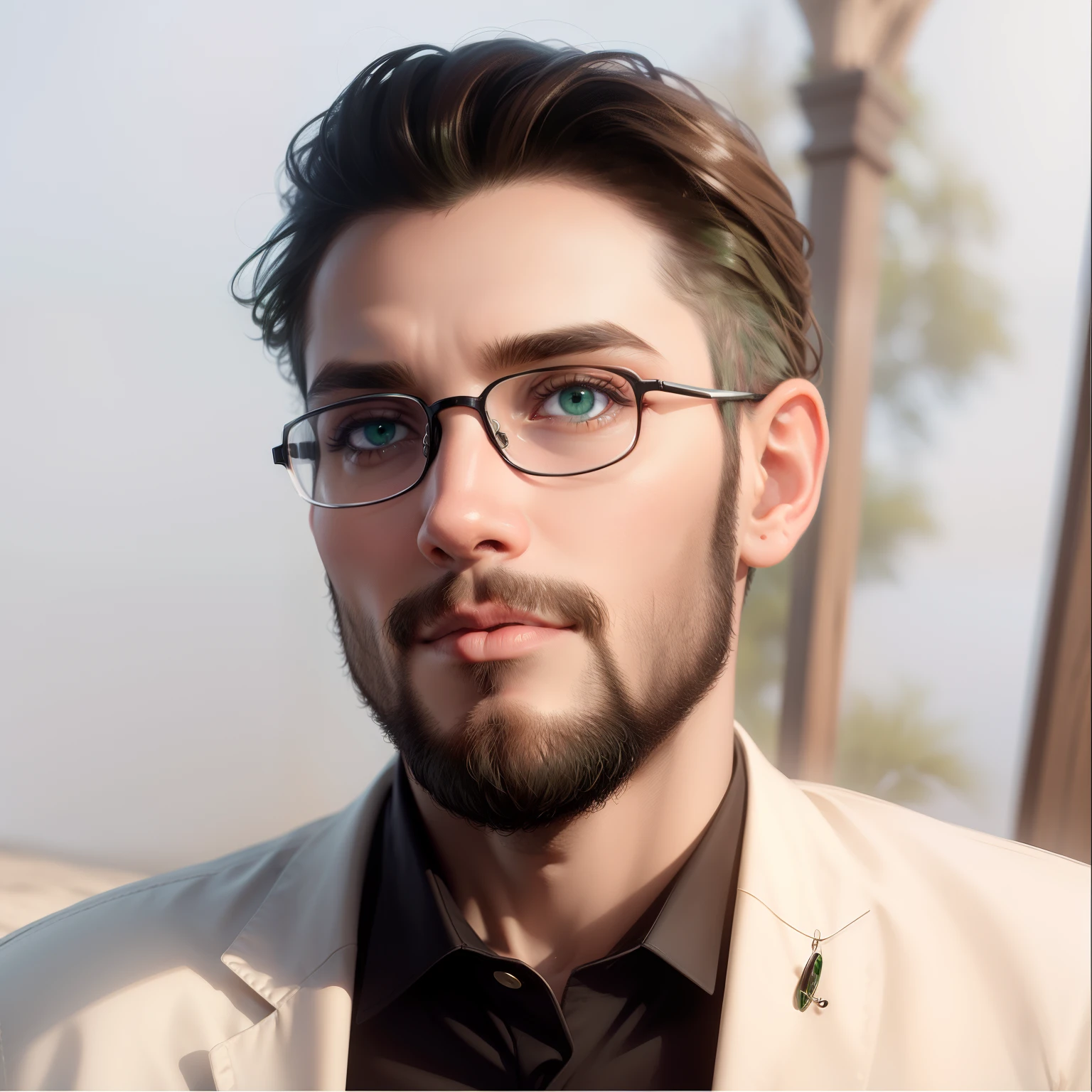 Realistic face, glasses, unique and groundbreaking visuals, AI-generated masterpiece. Captivating green eyes.