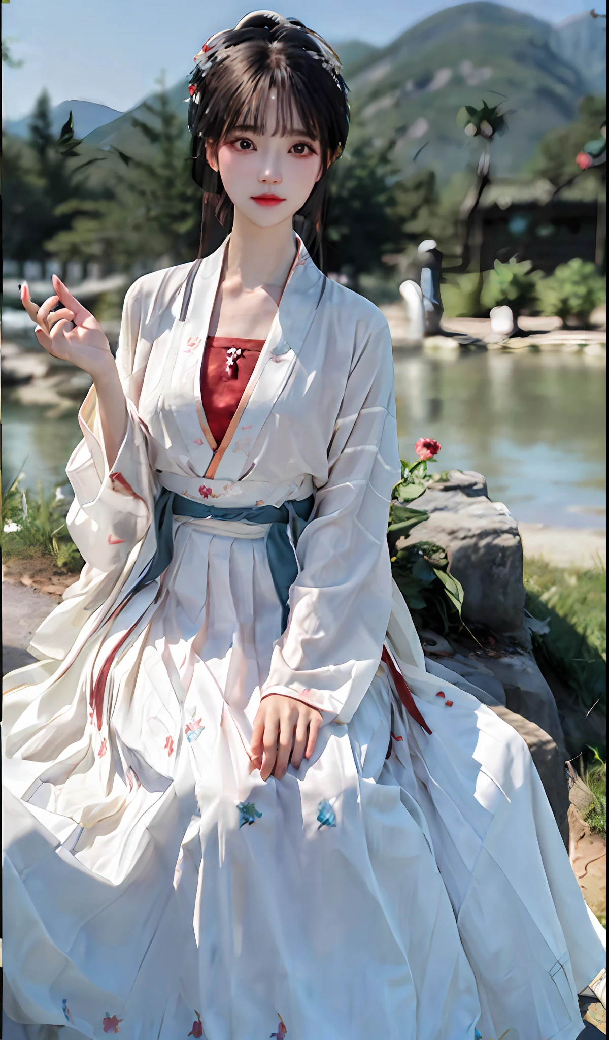(8k, best quality, masterpiece:1.2), (realistic, photo-realistic:1.2),(sky of background: 1.2),looking at viewer, 1girl,perfect face, perfect eyes,large breasts,perfect skin,make happy expressions,gorgeous,pure,light make up,jade jewelry,hair ornament,hair band,looking at viewer,colorful,(hanfu, song style outfits, 1girl, white short shan, white pleated skirt, red songmo),