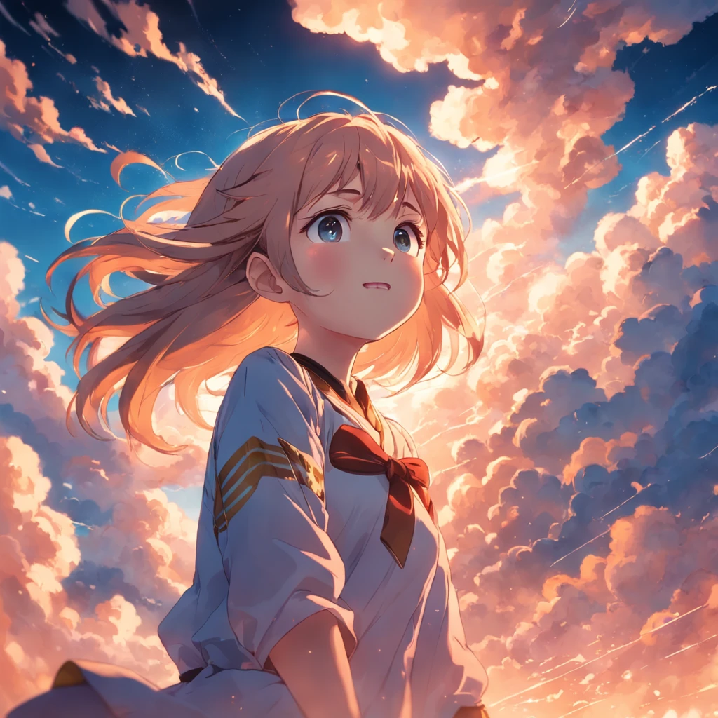 masterpiece, best quality, movie still, 1girl, cloud girl, floating in the sky, close-up, bright, happy, warm soft lighting, sunset, (sparks:0.7)