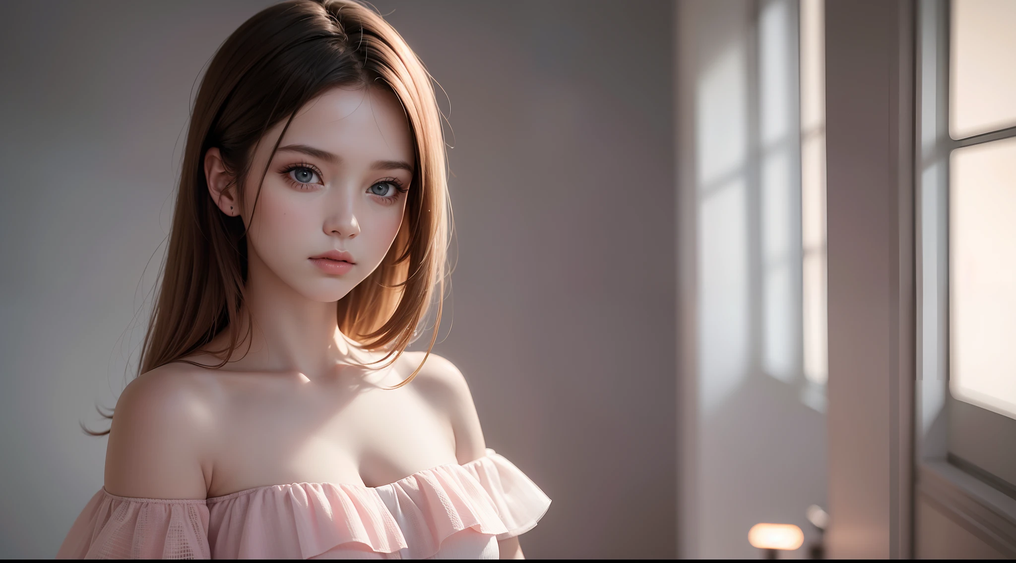 Best Quality, Masterpiece, Ultra High Resolution, (Realisticity: 1.4), Original Photo, 1girl, Pink Off-the-Shoulder, Cinematic Lighting,grey background,