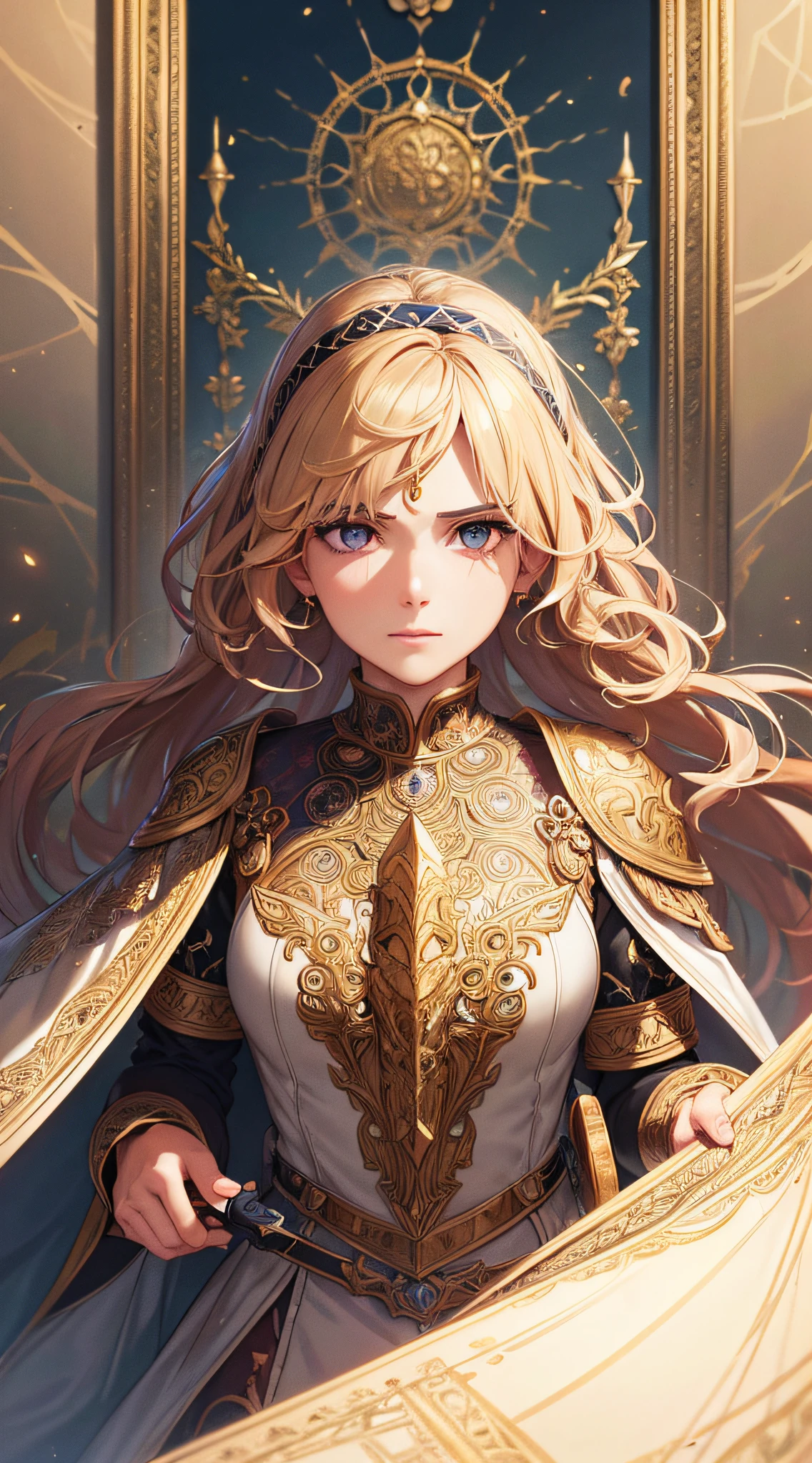 face portrait of a European female , light hair, goddess of war, book page colorful art, short curly hair, blonde, blinded eyes, intimidating eyes, sword frame, Decorative panels, ancient, (Masterpiece, Best Quality, Highres:1.4), extremely detailed, Intricate Details, 4K, color splashes, line art, Fibonacci, perfect intricate details, best quality, high quality, highres, 16K, RAW, ultra highres, ultra details, finely detail, an extremely delicate and beautiful, extremely detailed, real shadow, highly detailed painted,