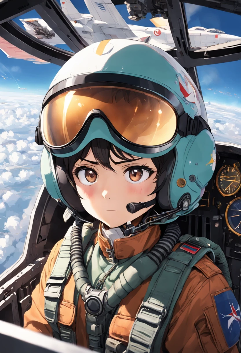 Alafed pilot in the cockpit of an airplane wearing a helmet and goggles, Fighter pilot in the cockpit, In the cockpit of a fighter, Helmet View, Visor wearer's Perspective, Nose under visor, Jet fighter pilots of the 70s, in cockpit, Military Pilot Uniform, Advanced Technology Flight Suit、Angel approaching from behind right、Angel Outside the Window、(((An angel passes outside the window)))