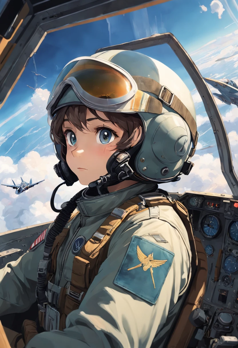 Alafed pilot in the cockpit of an airplane wearing a helmet and goggles, Fighter pilot in the cockpit, In the cockpit of a fighter, Helmet View, Visor wearer's Perspective, Nose under visor, Jet fighter pilots of the 70s, in cockpit, Military Pilot Uniform, Advanced Technology Flight Suit、Angel approaching from behind right、Angel Outside the Window、(((An angel passes outside the window)))