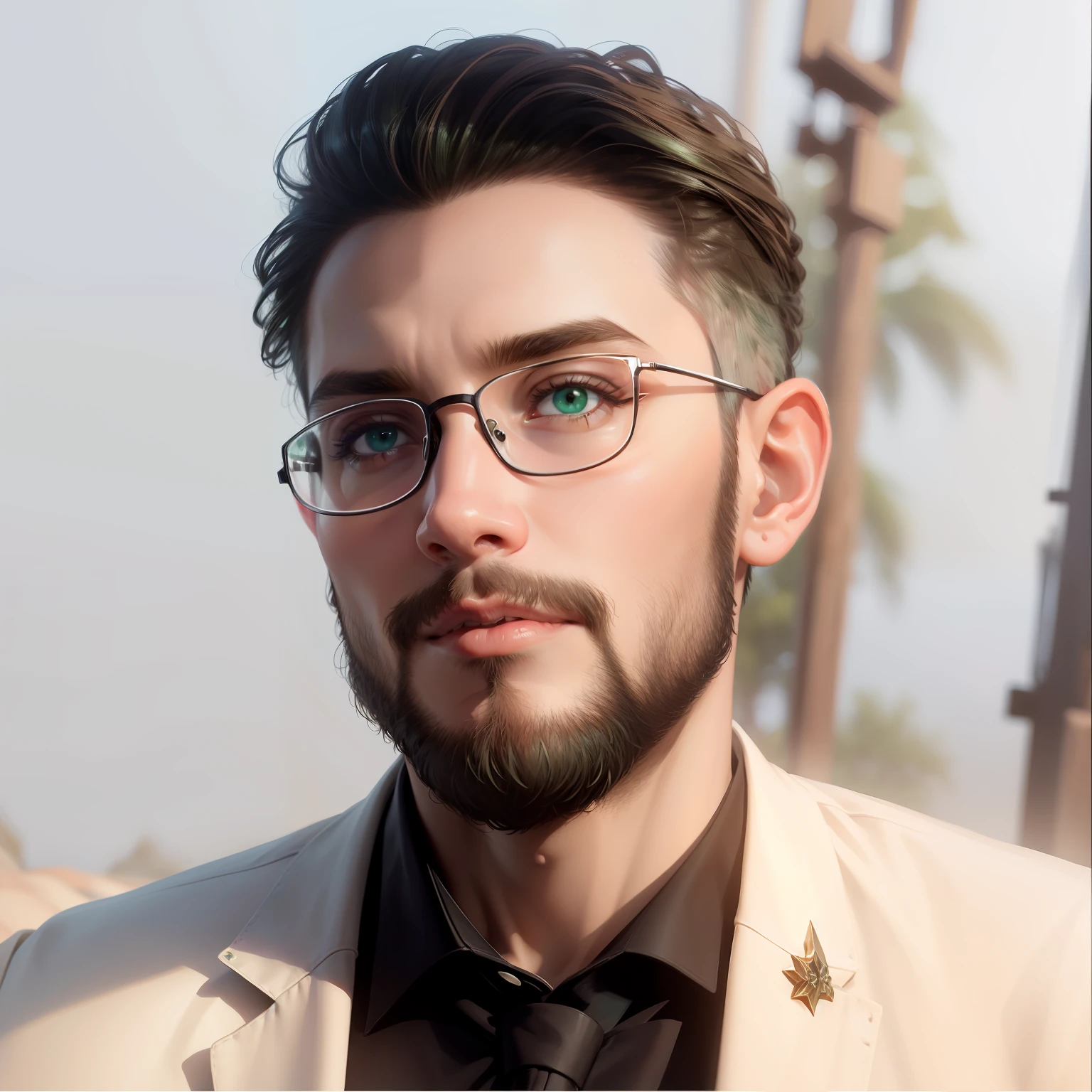 Realistic face, glasses, unique and groundbreaking visuals, AI-generated masterpiece. Captivating green eyes.